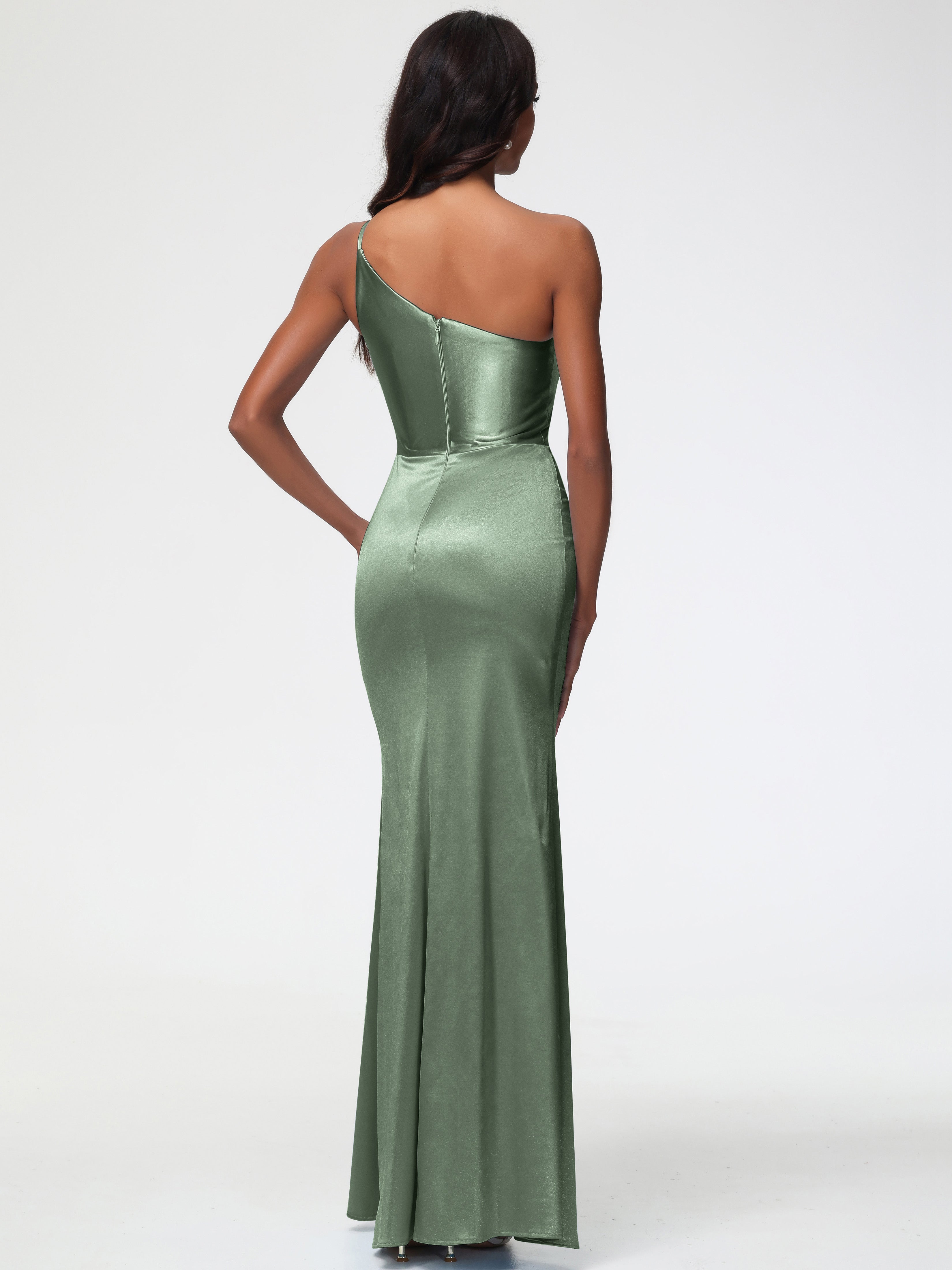 Robes Pour Demoiselles D Honneur Robe Vert Sauge Seule-Épaule Satin Extensible Robe Sirène Demoiselle D Honneur