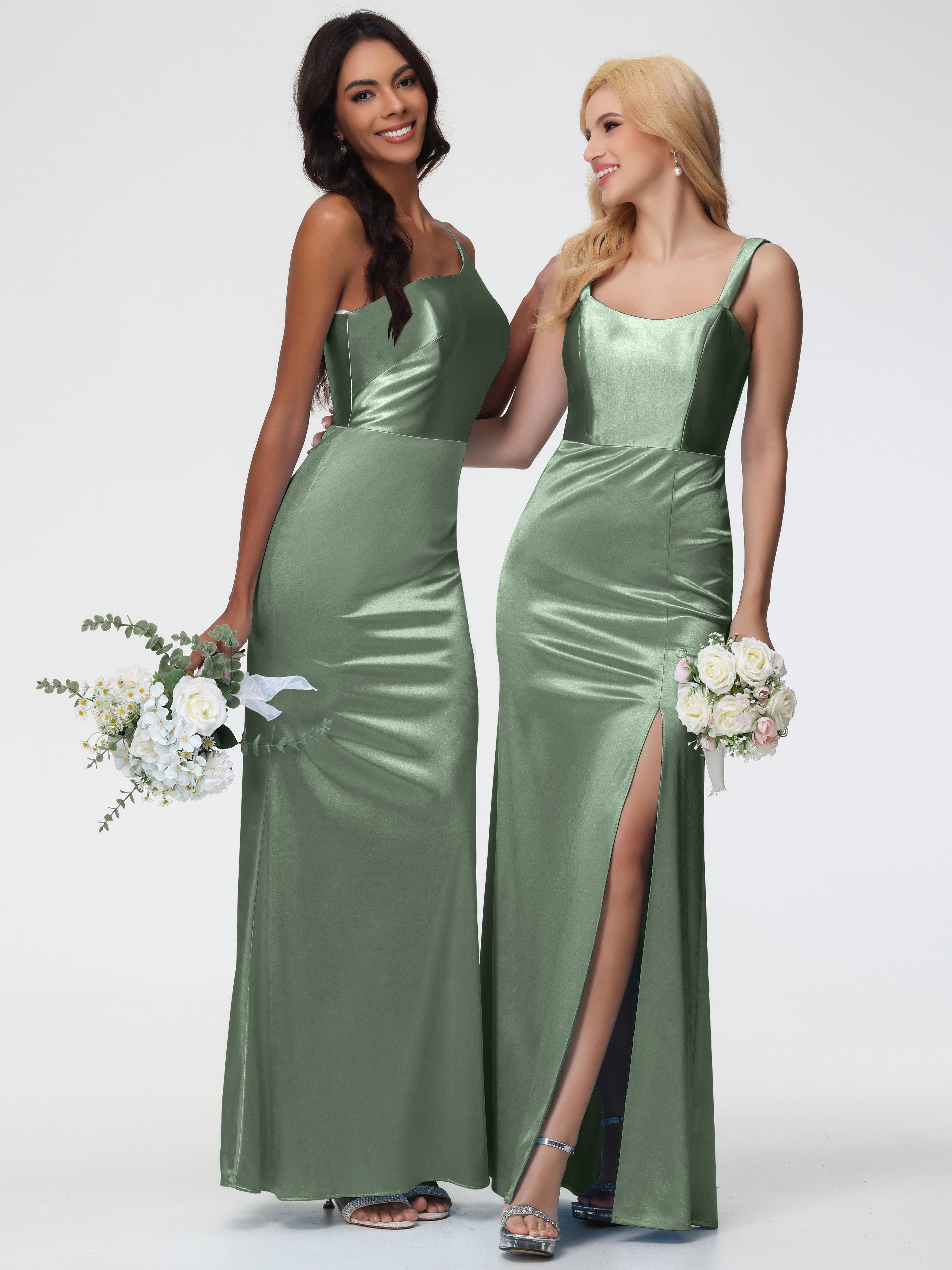 Robes Pour Demoiselles D Honneur Robe Vert Sauge Seule-Épaule Satin Extensible Robe Sirène Demoiselle D Honneur