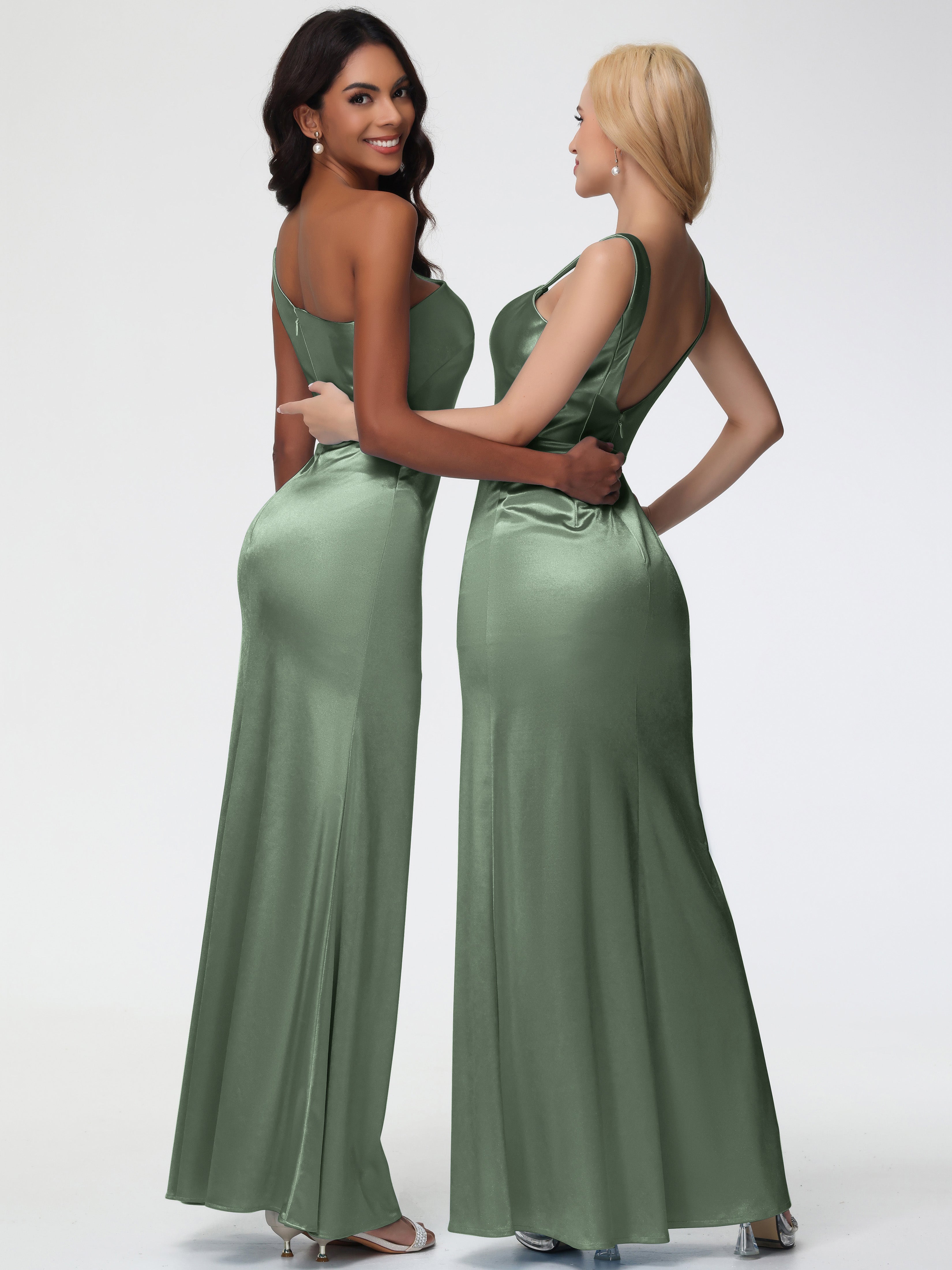 Robes Pour Demoiselles D Honneur Robe Vert Sauge Seule-Épaule Satin Extensible Robe Sirène Demoiselle D Honneur