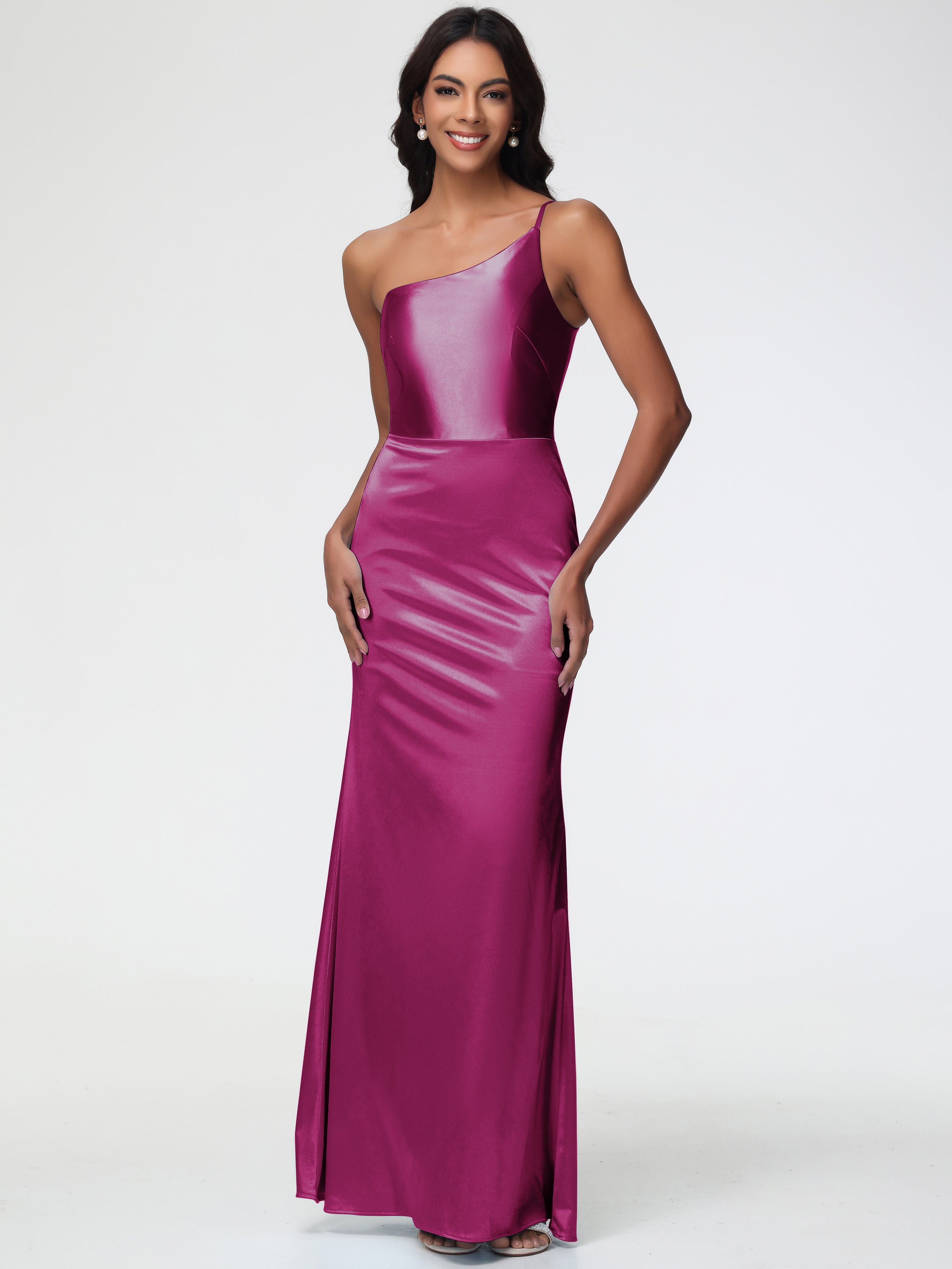 Robe Demoiselle D Honneur Rose Fuchsia Seule-Épaule Satin Extensible Robe Sirène Demoiselle D Honneur