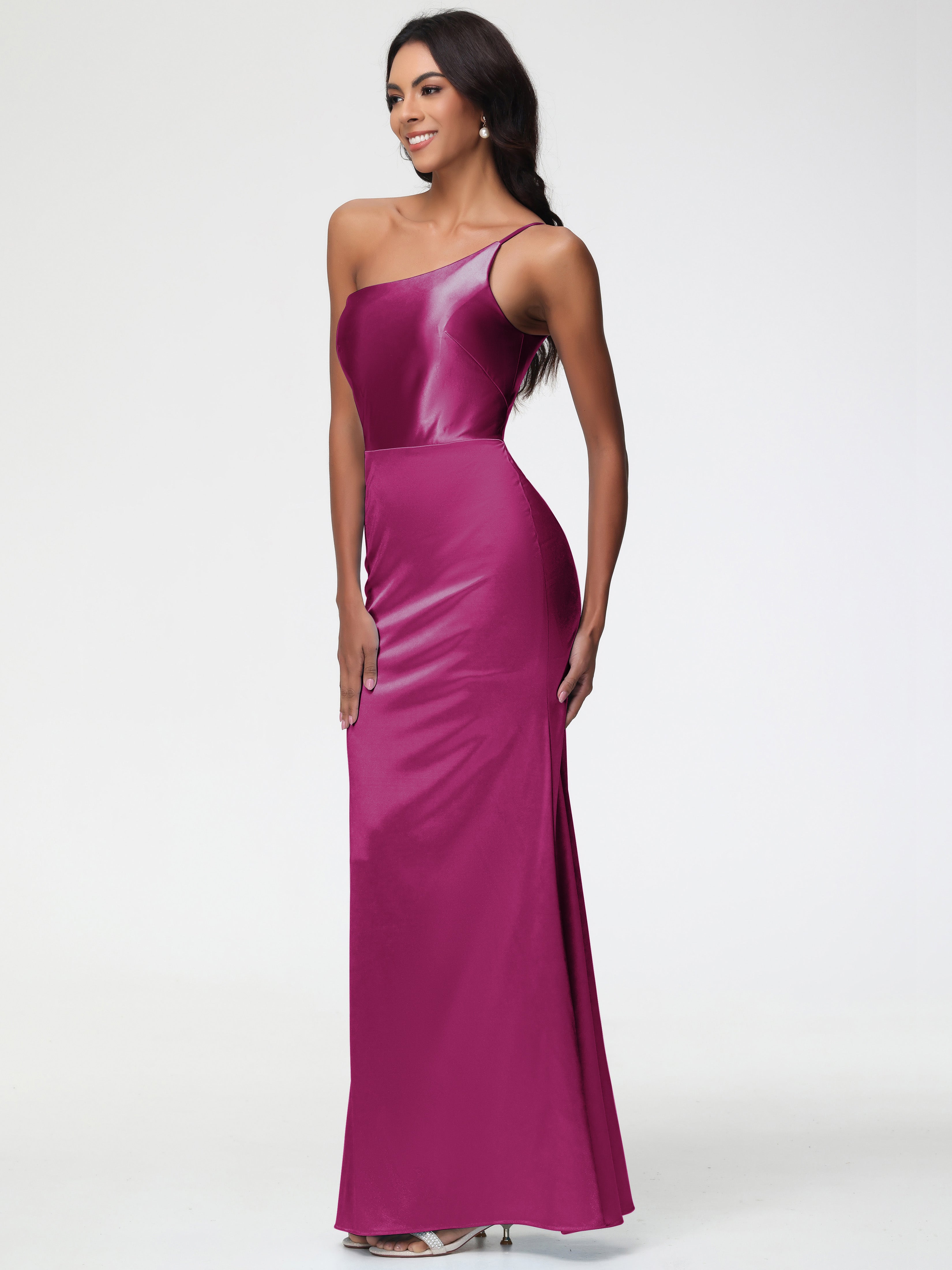 Robe Demoiselle D Honneur Rose Fuchsia Seule-Épaule Satin Extensible Robe Sirène Demoiselle D Honneur