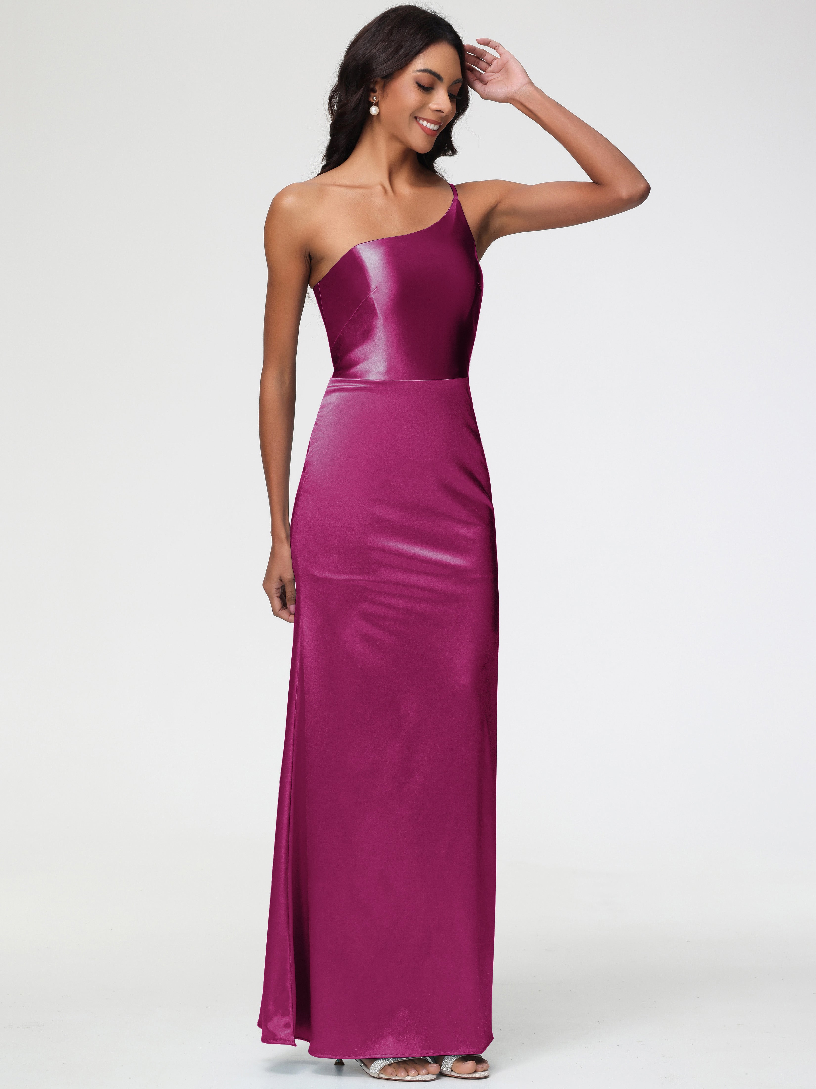 Robe Demoiselle D Honneur Rose Fuchsia Seule-Épaule Satin Extensible Robe Sirène Demoiselle D Honneur