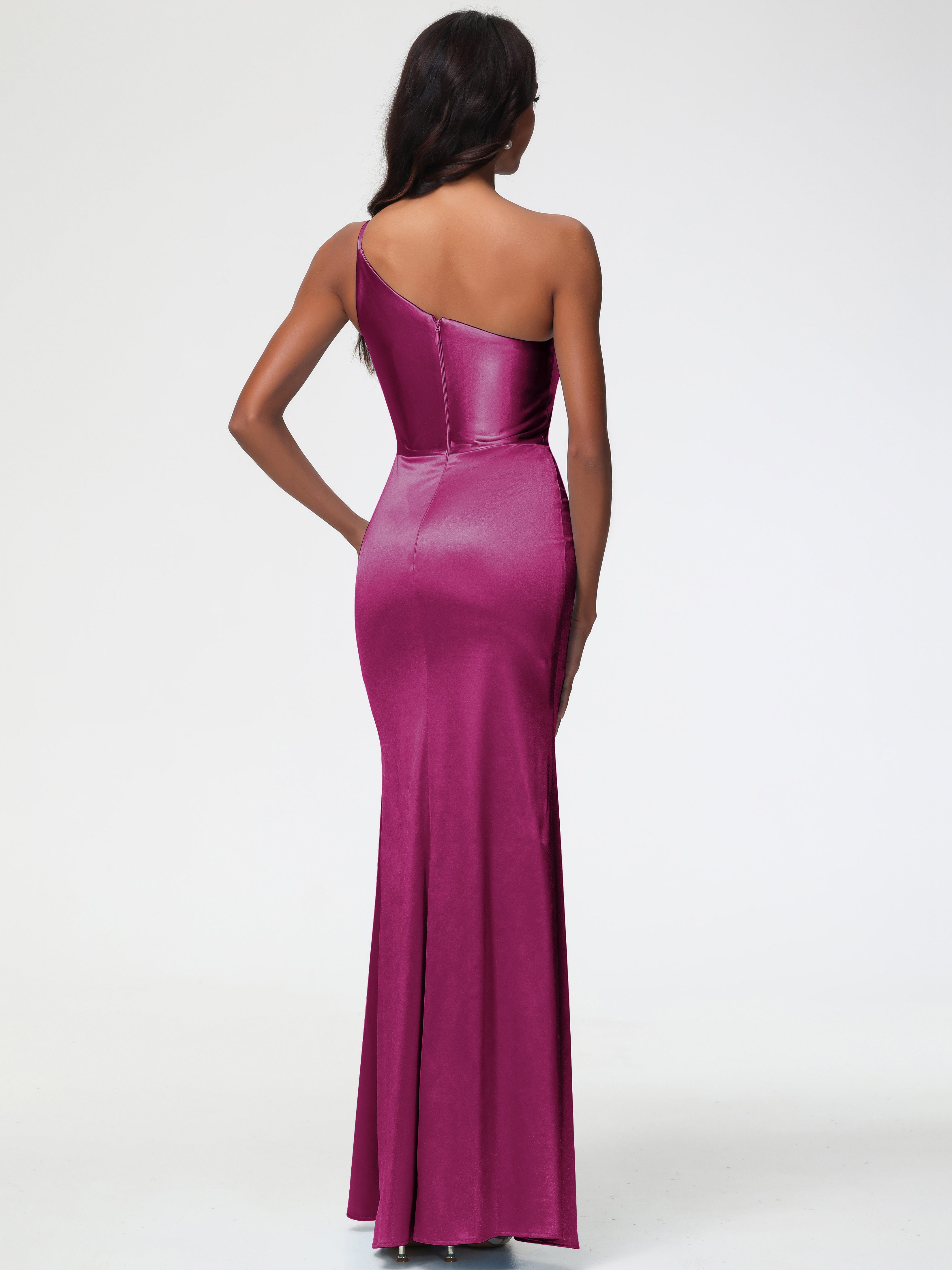 Robe Demoiselle D Honneur Rose Fuchsia Seule-Épaule Satin Extensible Robe Sirène Demoiselle D Honneur