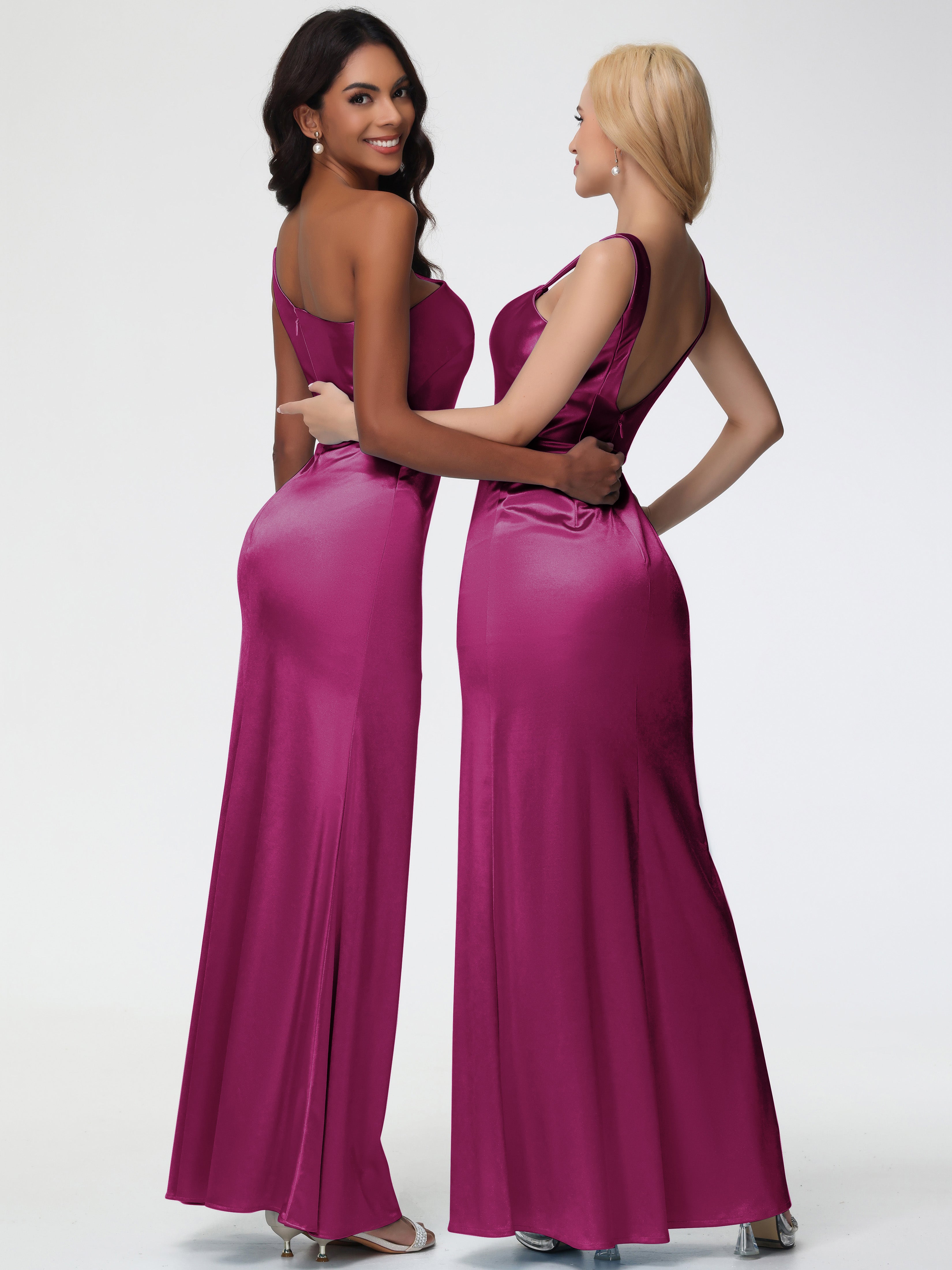 Robe Demoiselle D Honneur Rose Fuchsia Seule-Épaule Satin Extensible Robe Sirène Demoiselle D Honneur