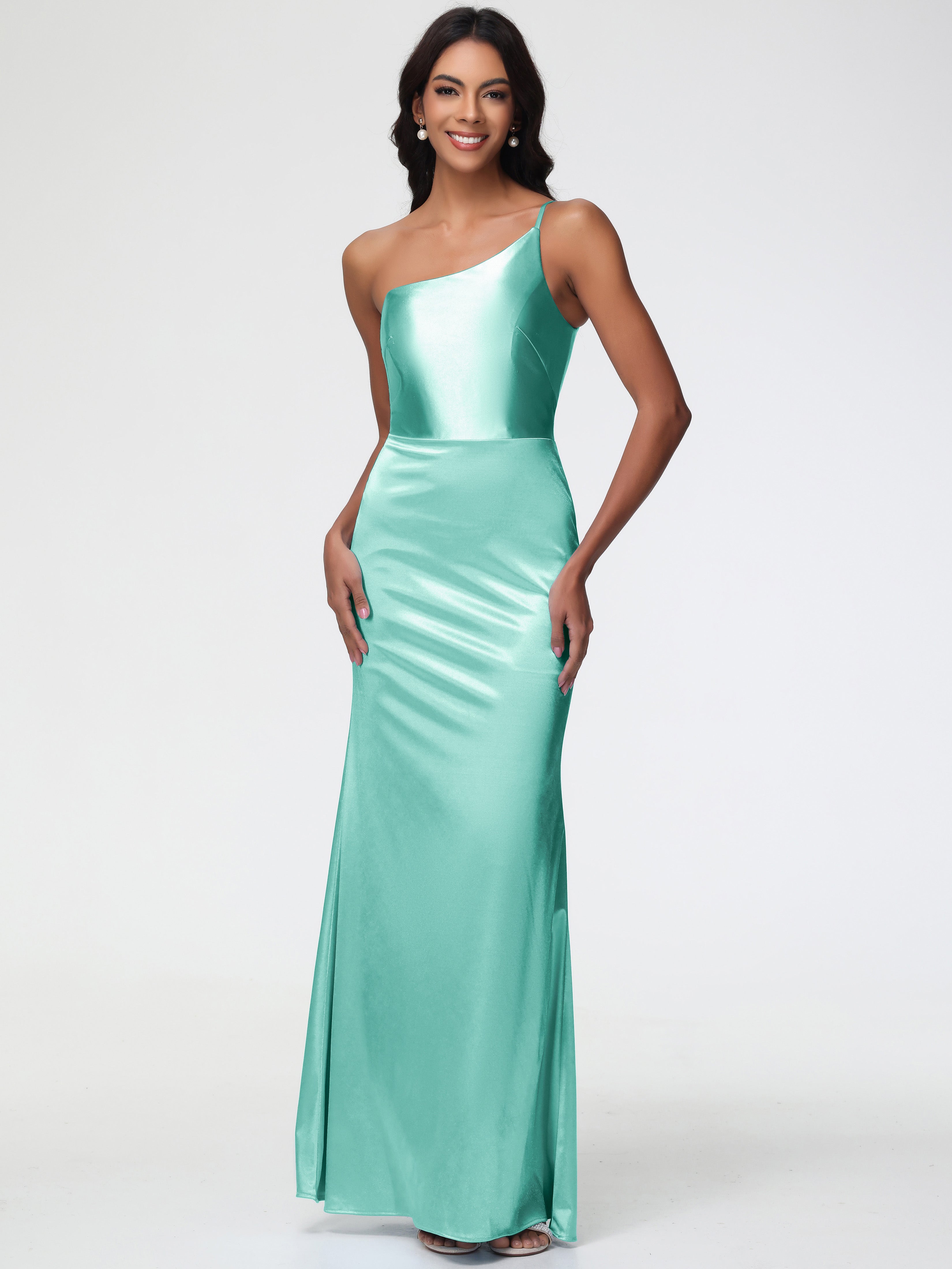 Robe Demoiselle D Honneur Vert Menthe Seule-Épaule Satin Extensible Robe Sirène Demoiselle D Honneur