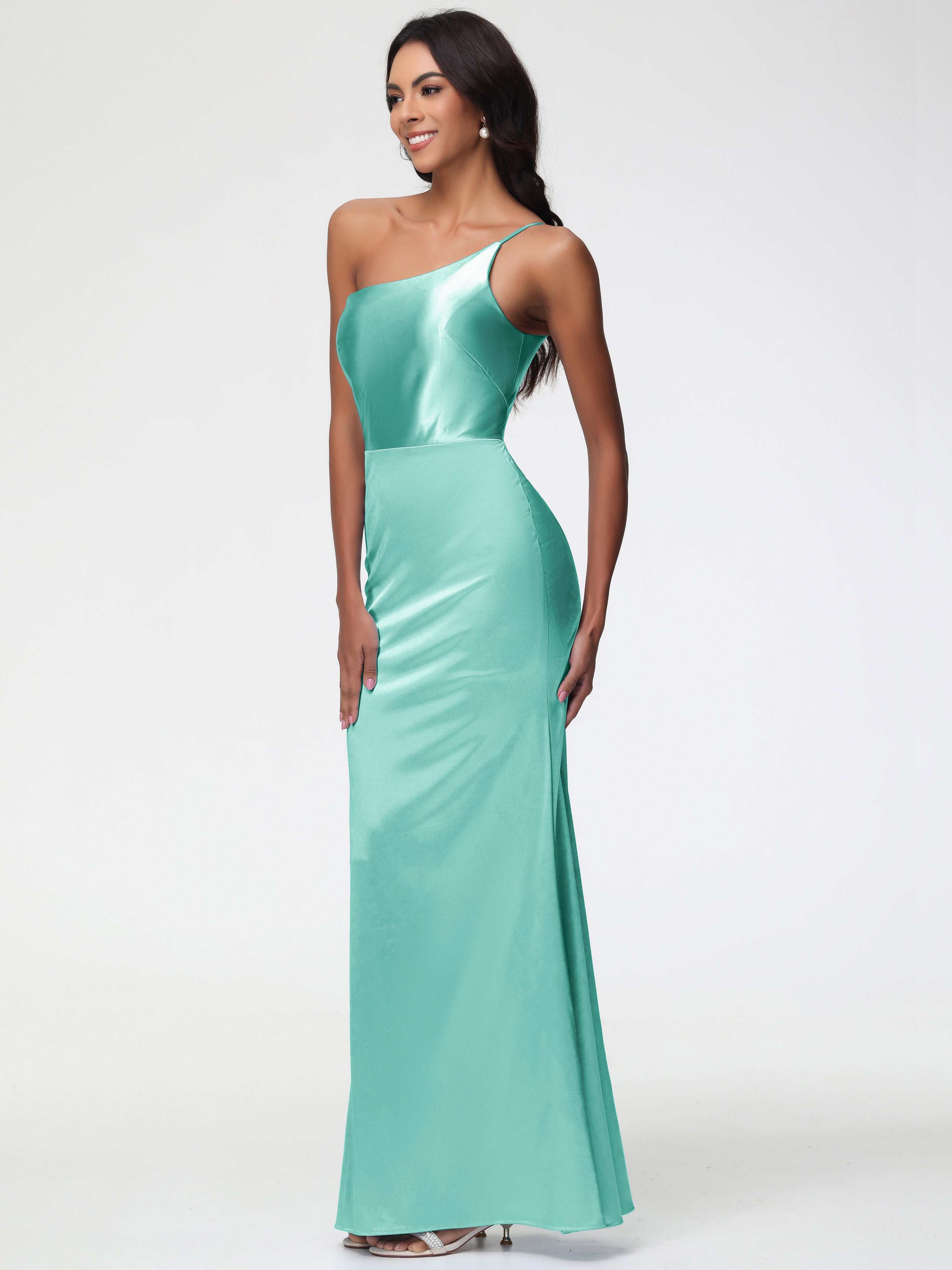 Robe Demoiselle D Honneur Vert Menthe Seule-Épaule Satin Extensible Robe Sirène Demoiselle D Honneur