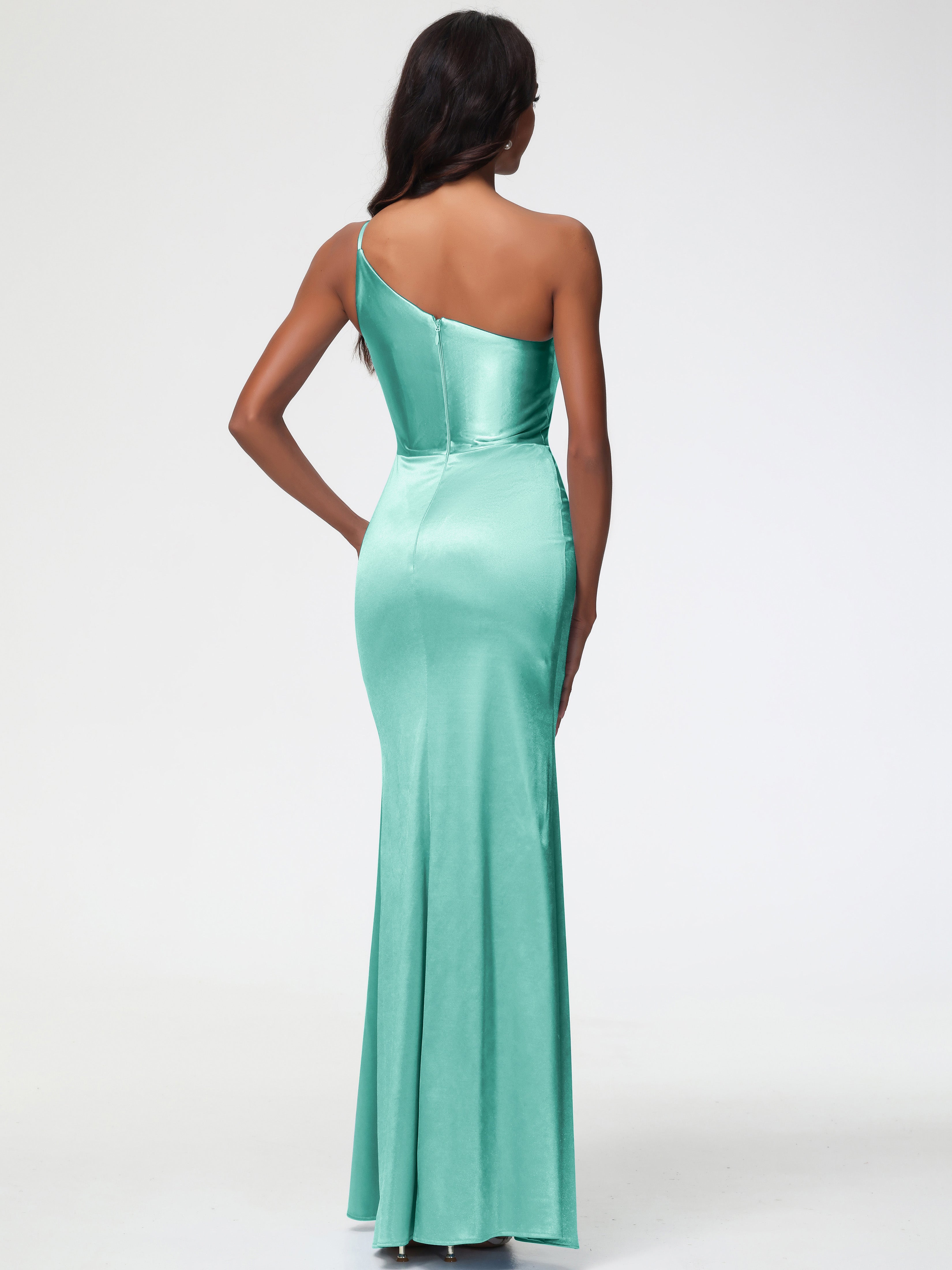 Robe Demoiselle D Honneur Vert Menthe Seule-Épaule Satin Extensible Robe Sirène Demoiselle D Honneur