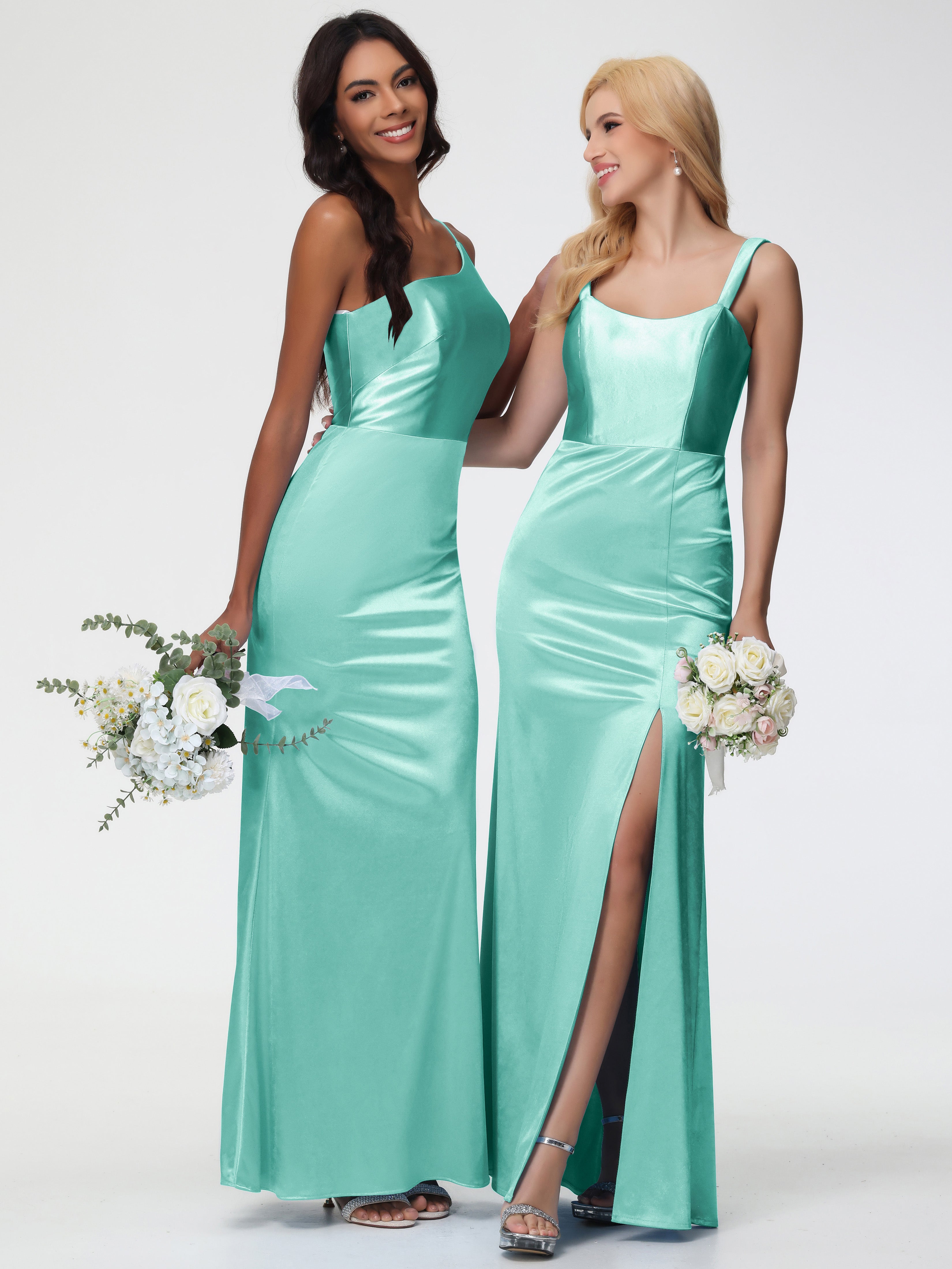 Robe Demoiselle D Honneur Vert Menthe Seule-Épaule Satin Extensible Robe Sirène Demoiselle D Honneur