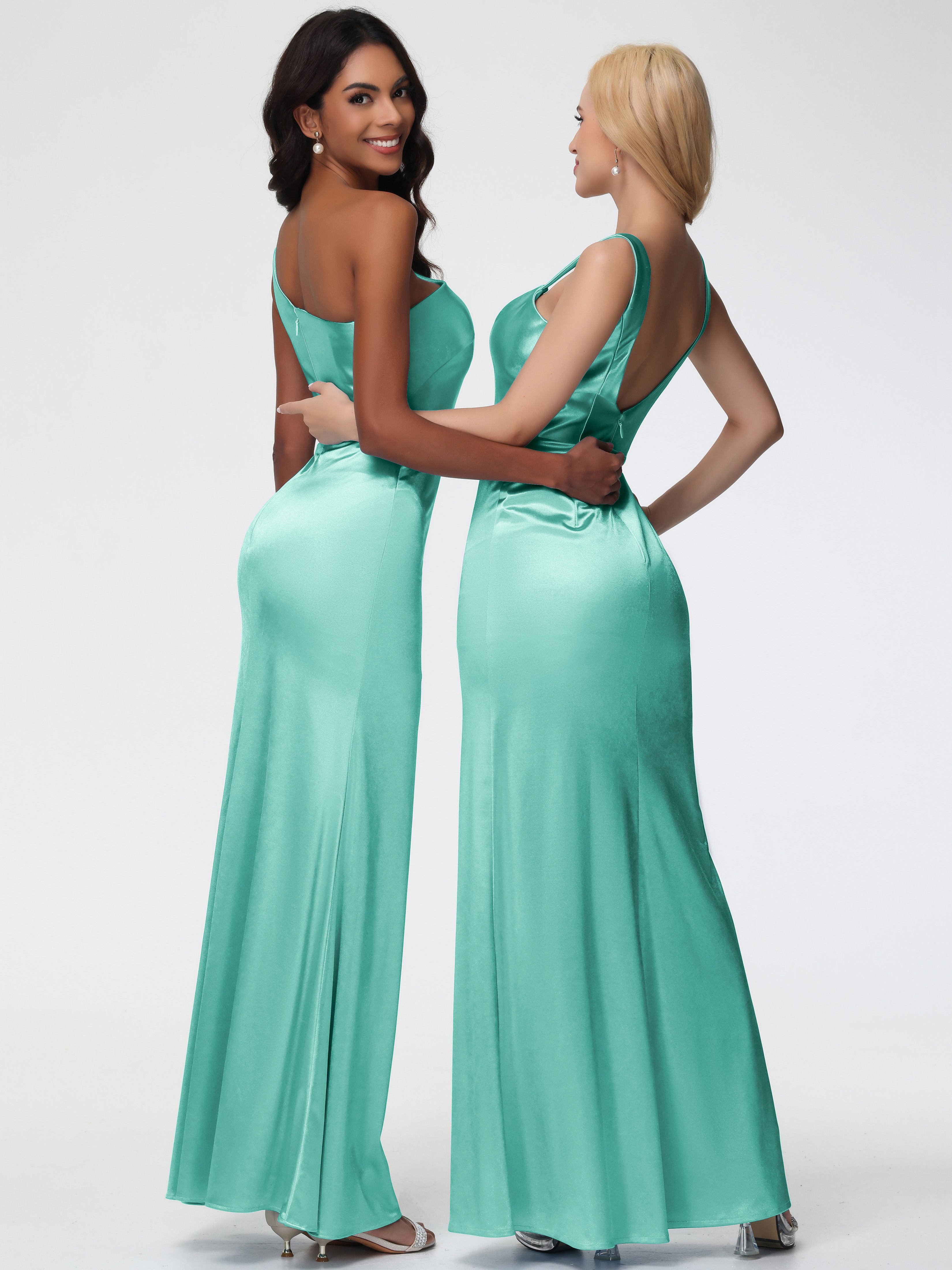 Robe Demoiselle D Honneur Vert Menthe Seule-Épaule Satin Extensible Robe Sirène Demoiselle D Honneur