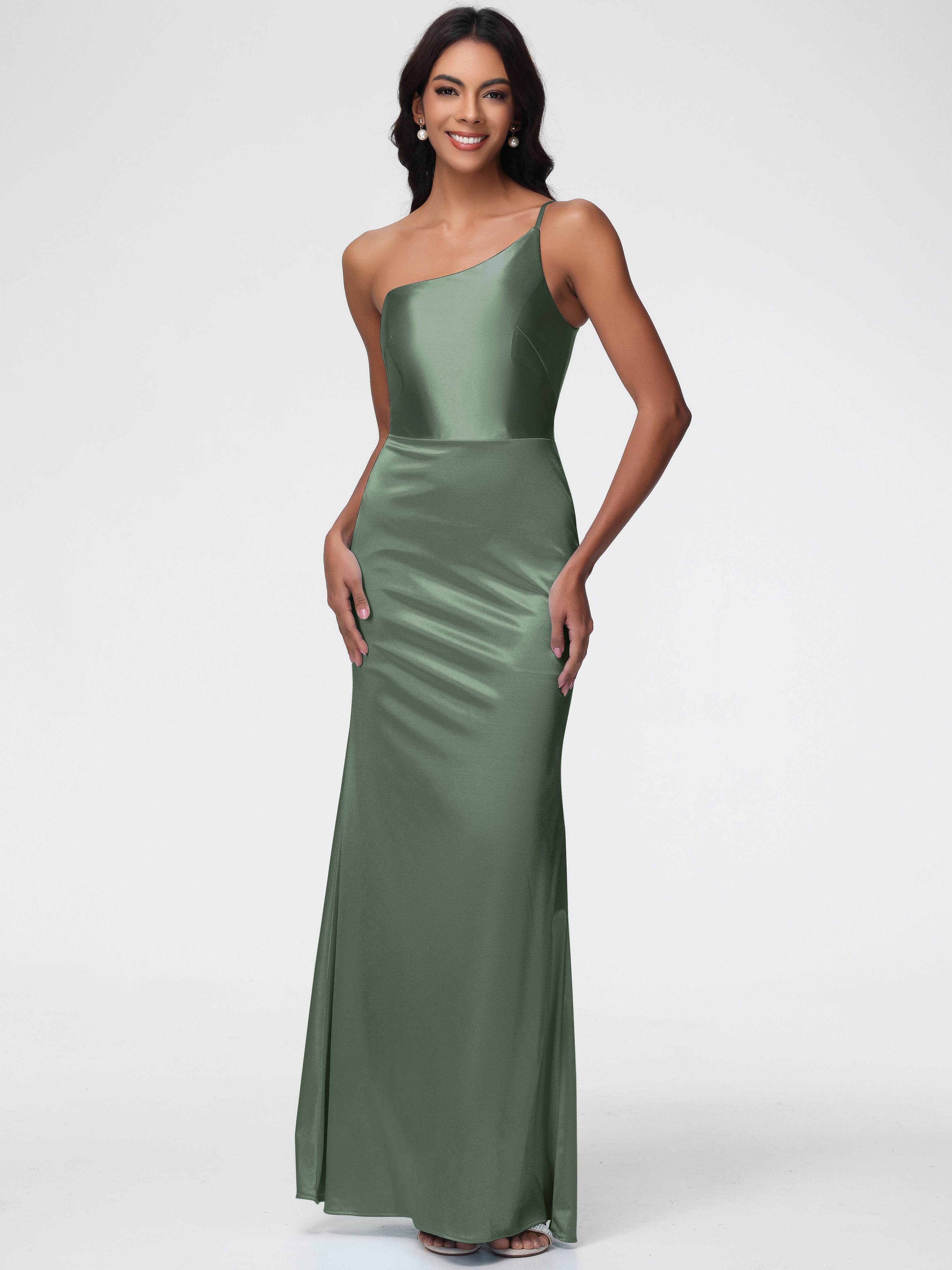 Robes De Demoiselle D'Honneur Olive Seule-Épaule Satin Extensible Robe Sirène Demoiselle D Honneur