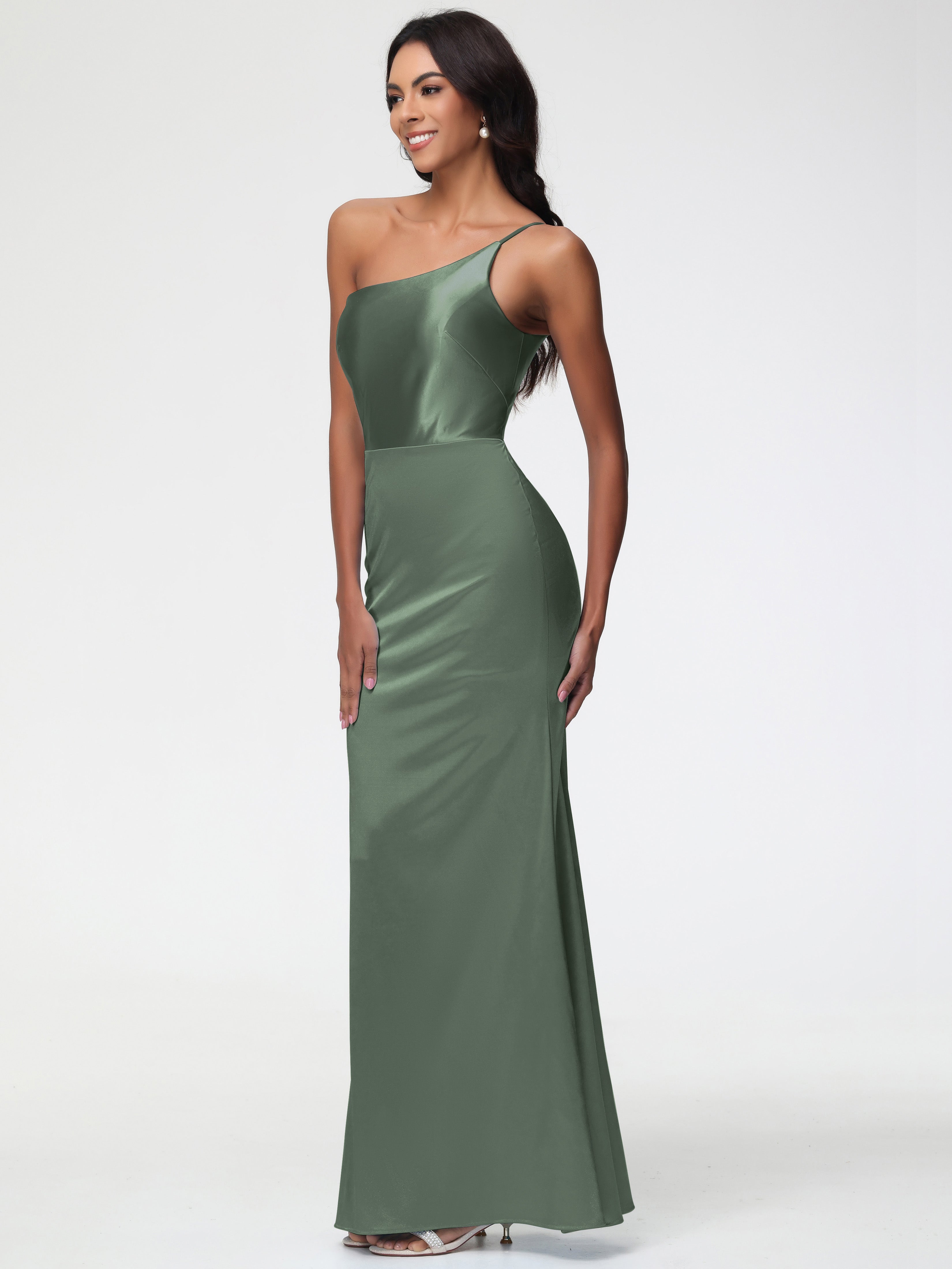 Robes De Demoiselle D'Honneur Olive Seule-Épaule Satin Extensible Robe Sirène Demoiselle D Honneur