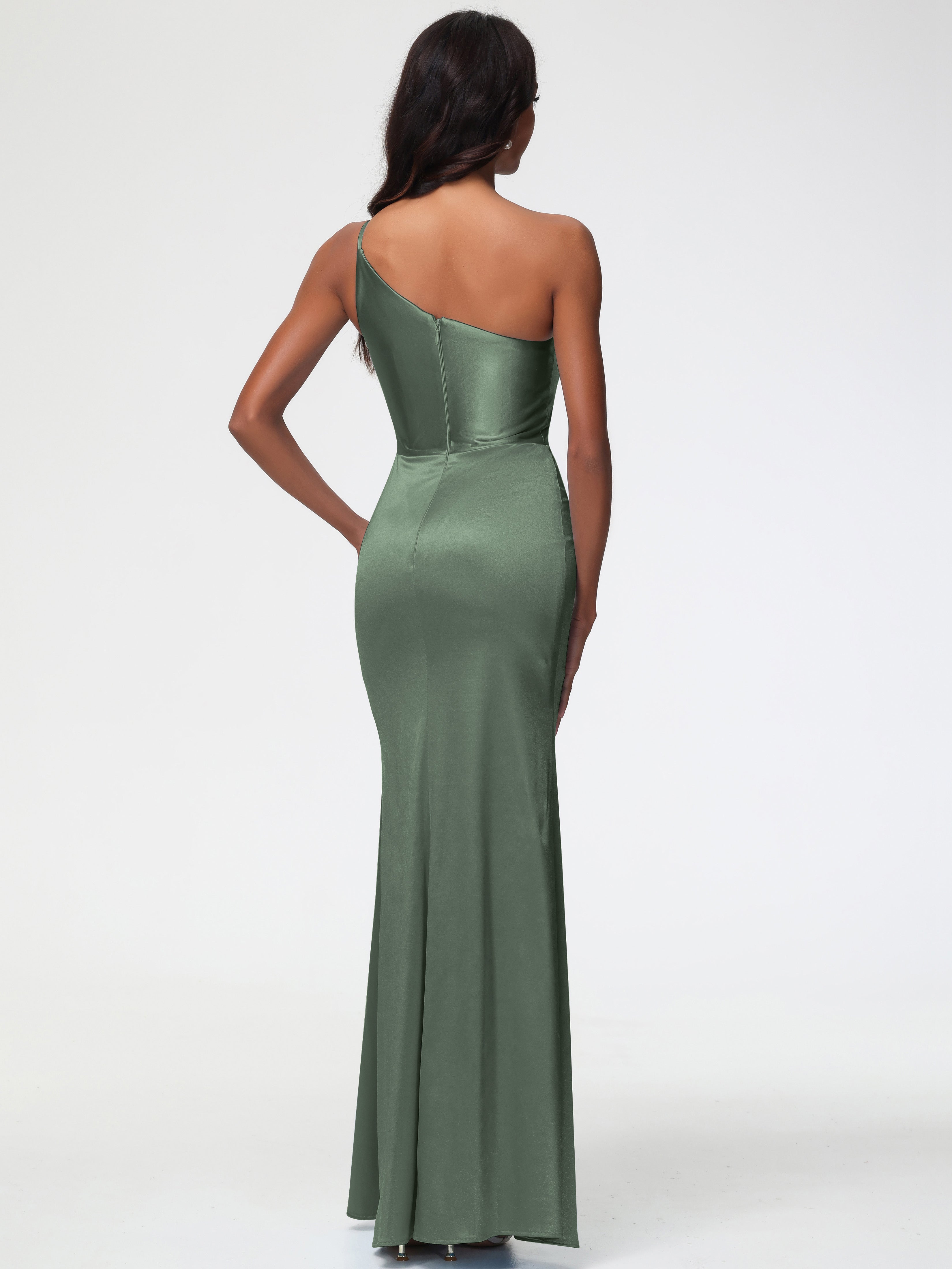Robes De Demoiselle D'Honneur Olive Seule-Épaule Satin Extensible Robe Sirène Demoiselle D Honneur
