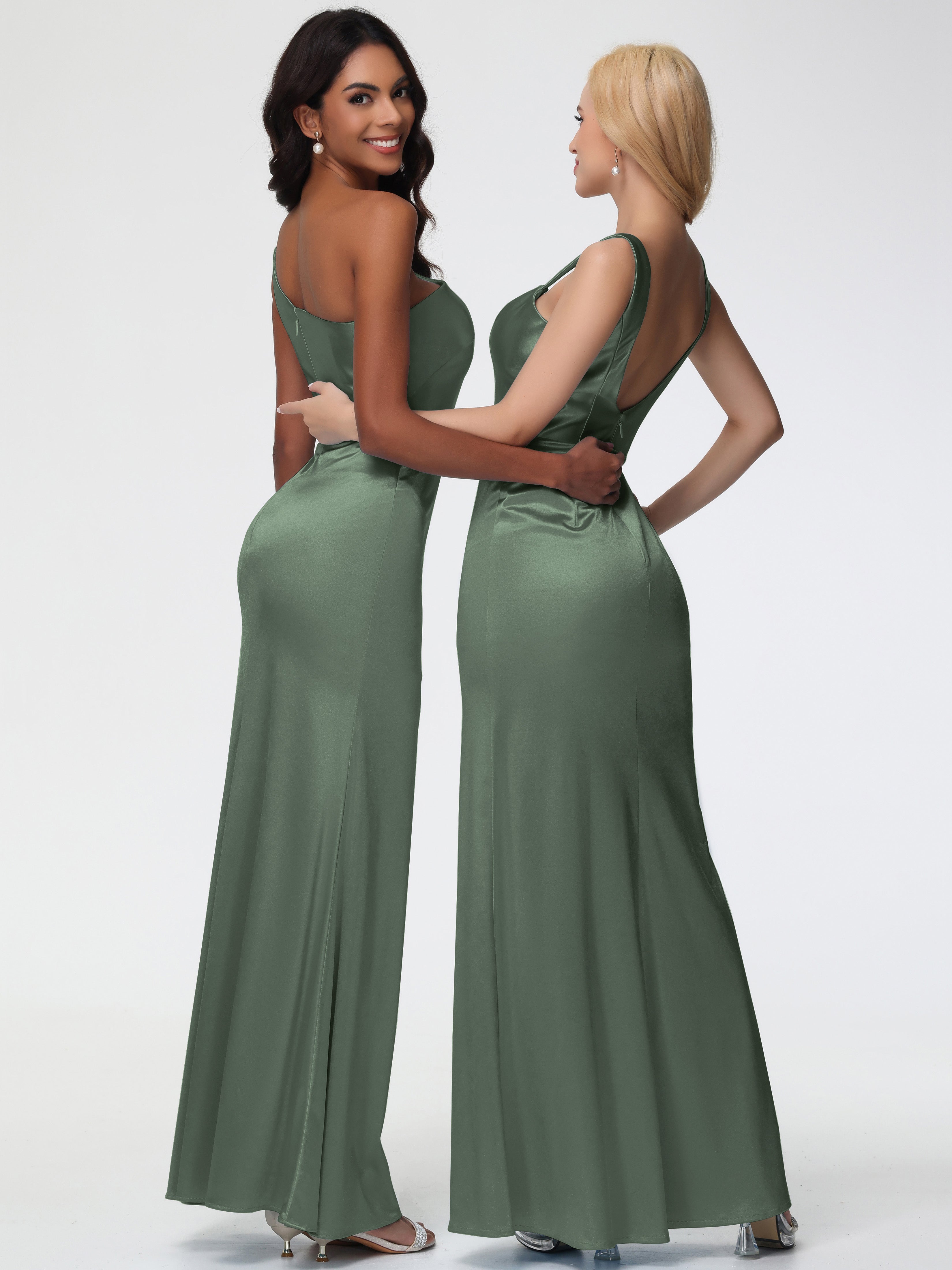 Robes De Demoiselle D'Honneur Olive Seule-Épaule Satin Extensible Robe Sirène Demoiselle D Honneur