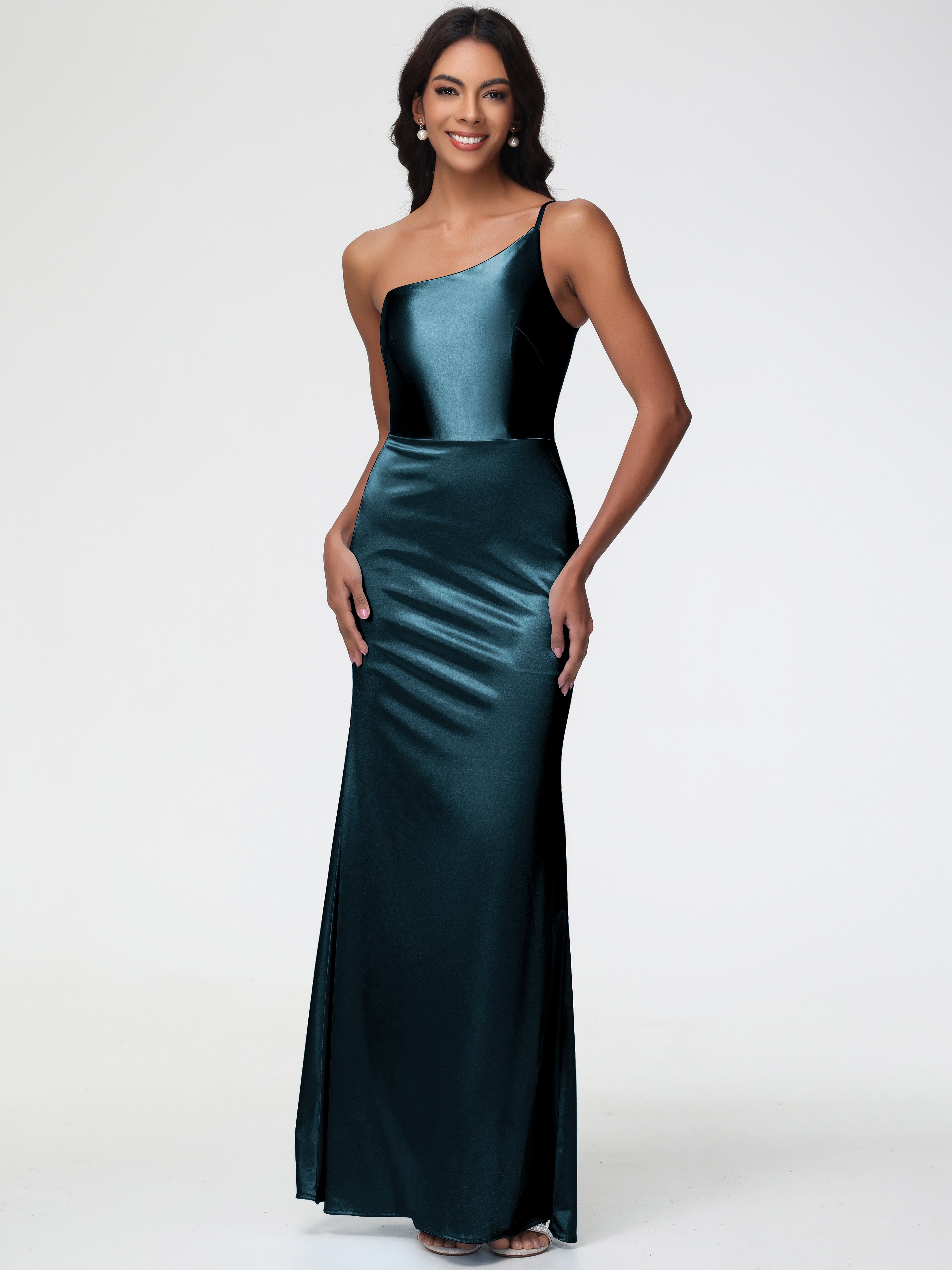 Demoiselle D'Honneur De Paon Seule-Épaule Satin Extensible Robe Sirène Demoiselle D Honneur