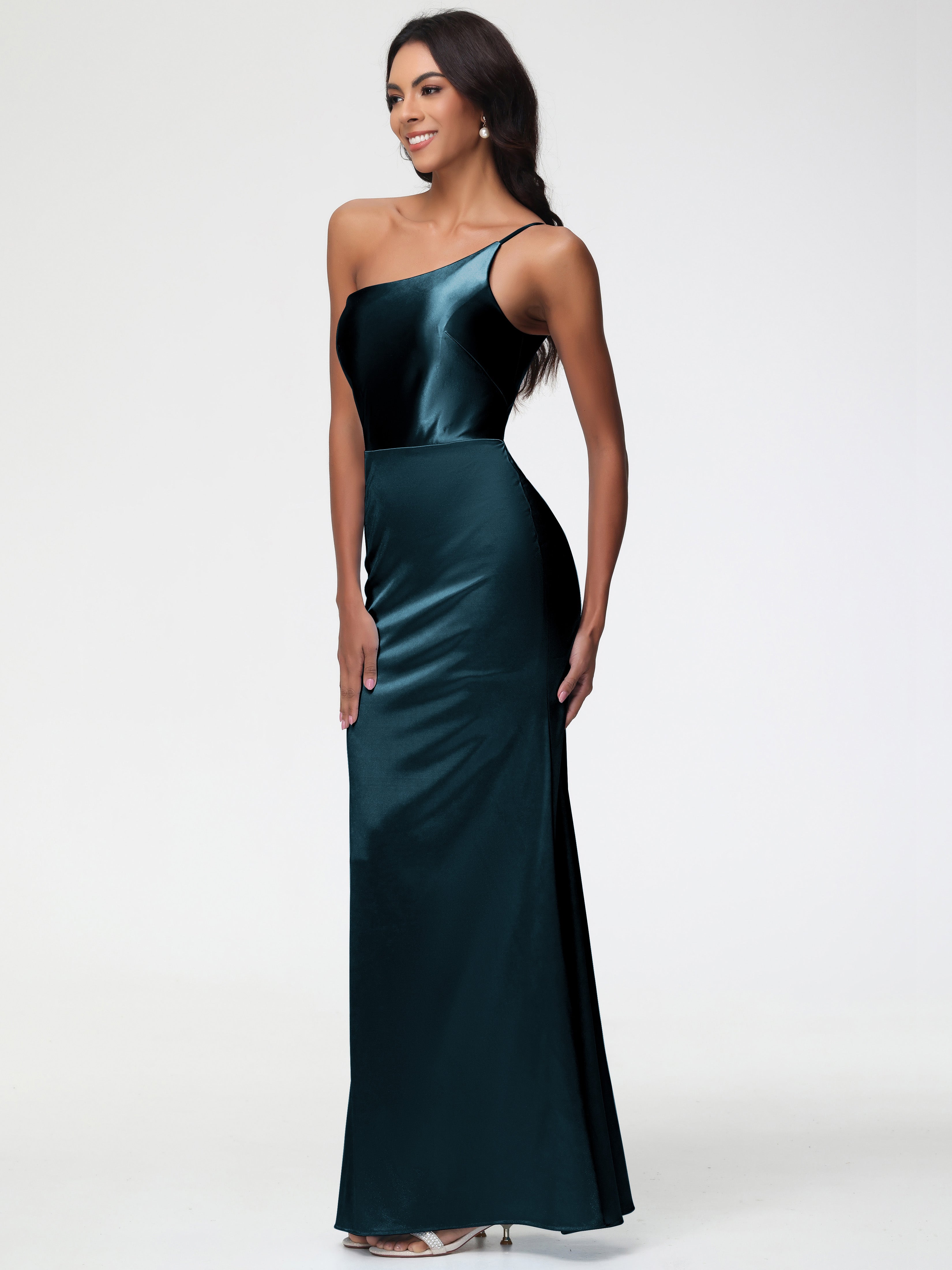 Demoiselle D'Honneur De Paon Seule-Épaule Satin Extensible Robe Sirène Demoiselle D Honneur