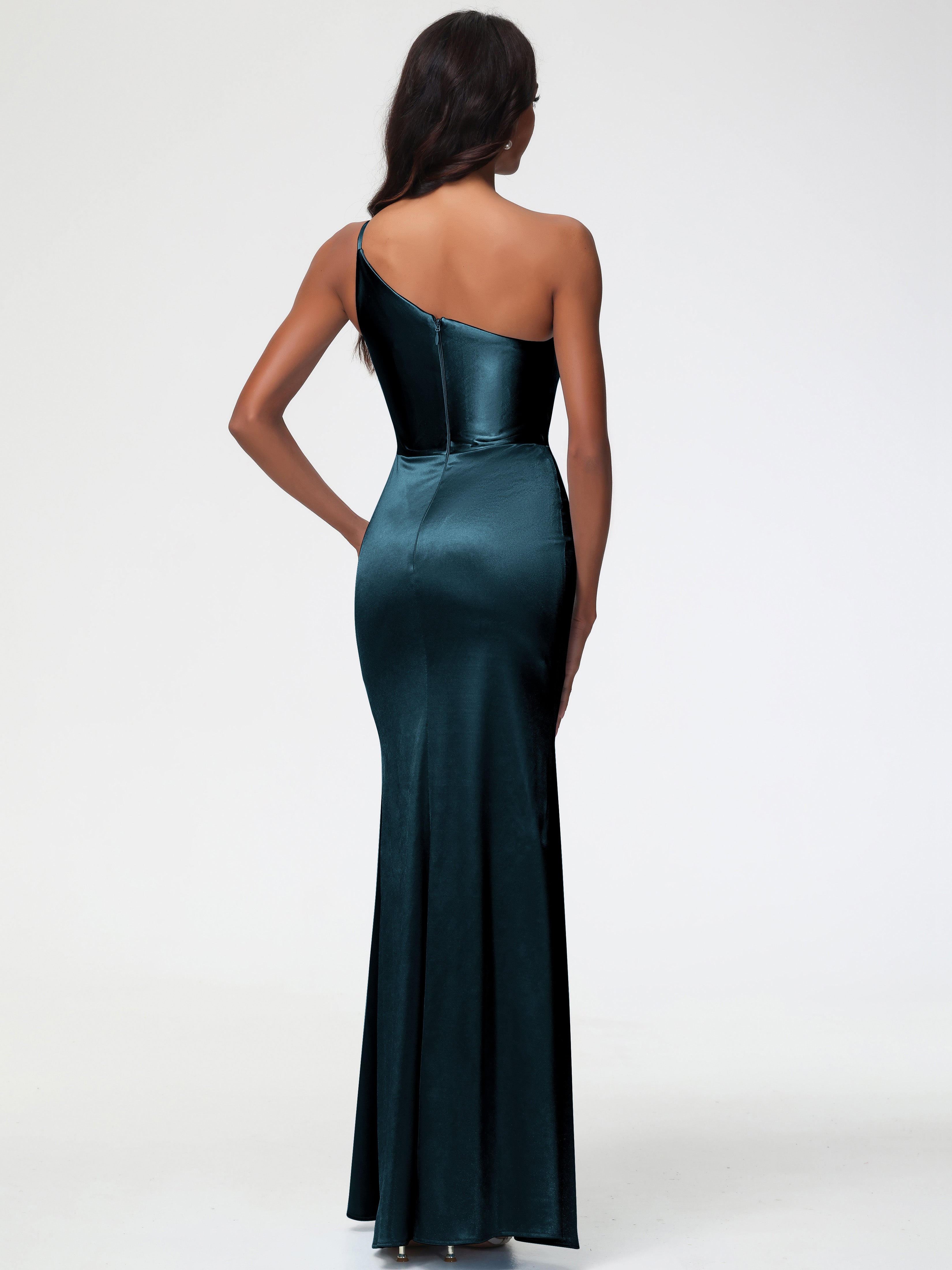 Demoiselle D'Honneur De Paon Seule-Épaule Satin Extensible Robe Sirène Demoiselle D Honneur