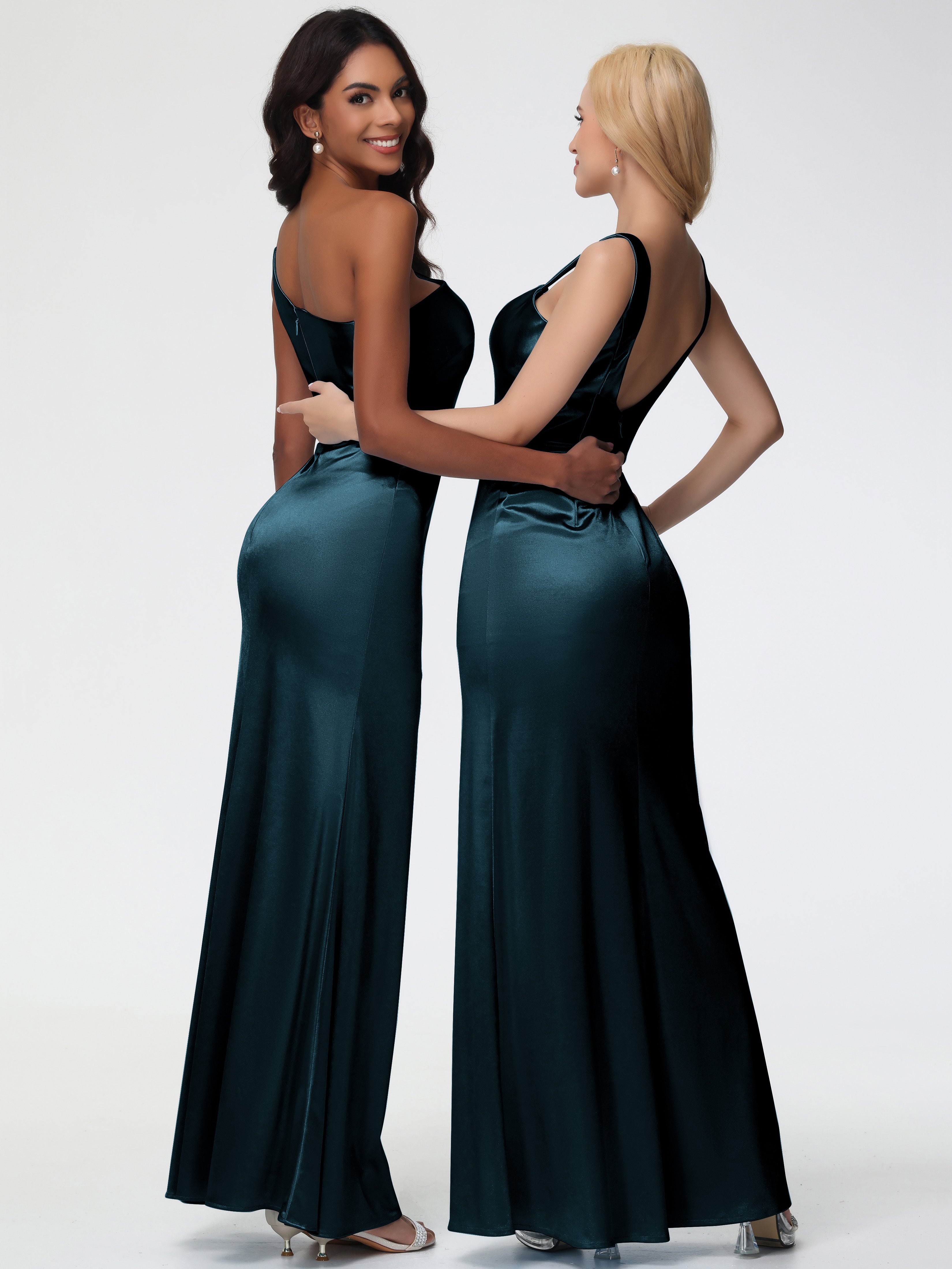 Demoiselle D'Honneur De Paon Seule-Épaule Satin Extensible Robe Sirène Demoiselle D Honneur