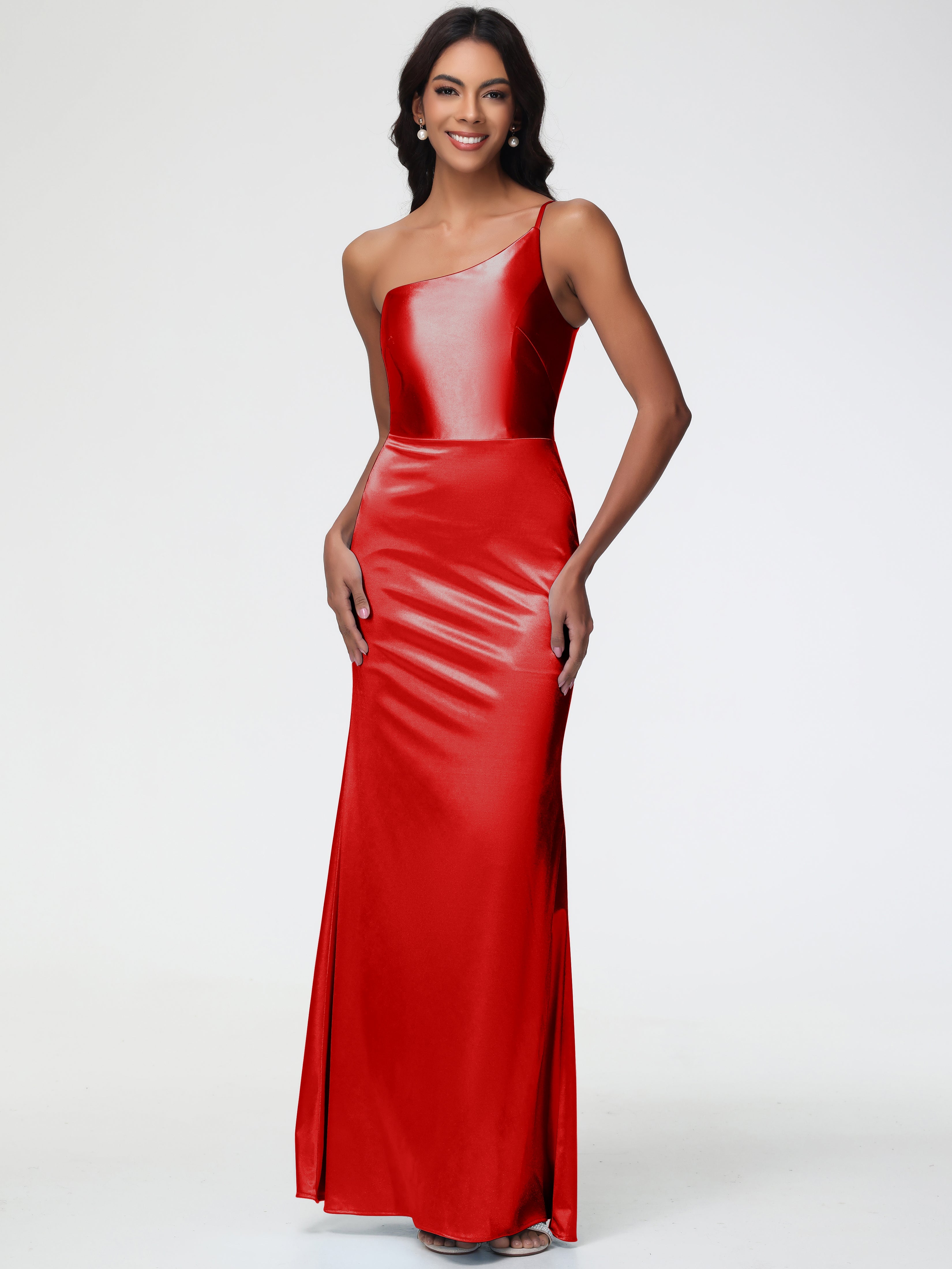 Robe Demoiselles D Honneur Rouge Seule-Épaule Satin Extensible Robe Sirène Demoiselle D Honneur