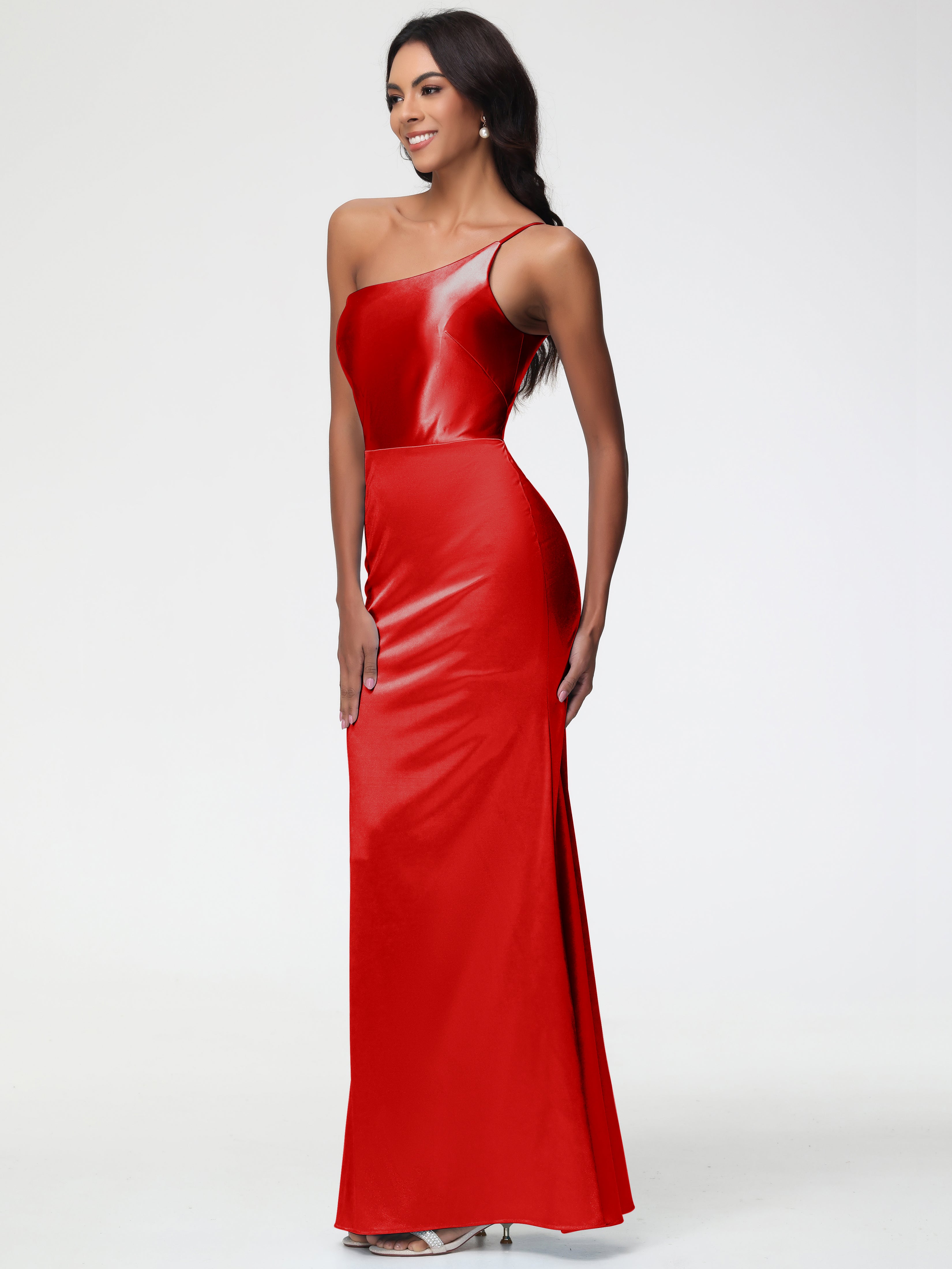 Robe Demoiselles D Honneur Rouge Seule-Épaule Satin Extensible Robe Sirène Demoiselle D Honneur