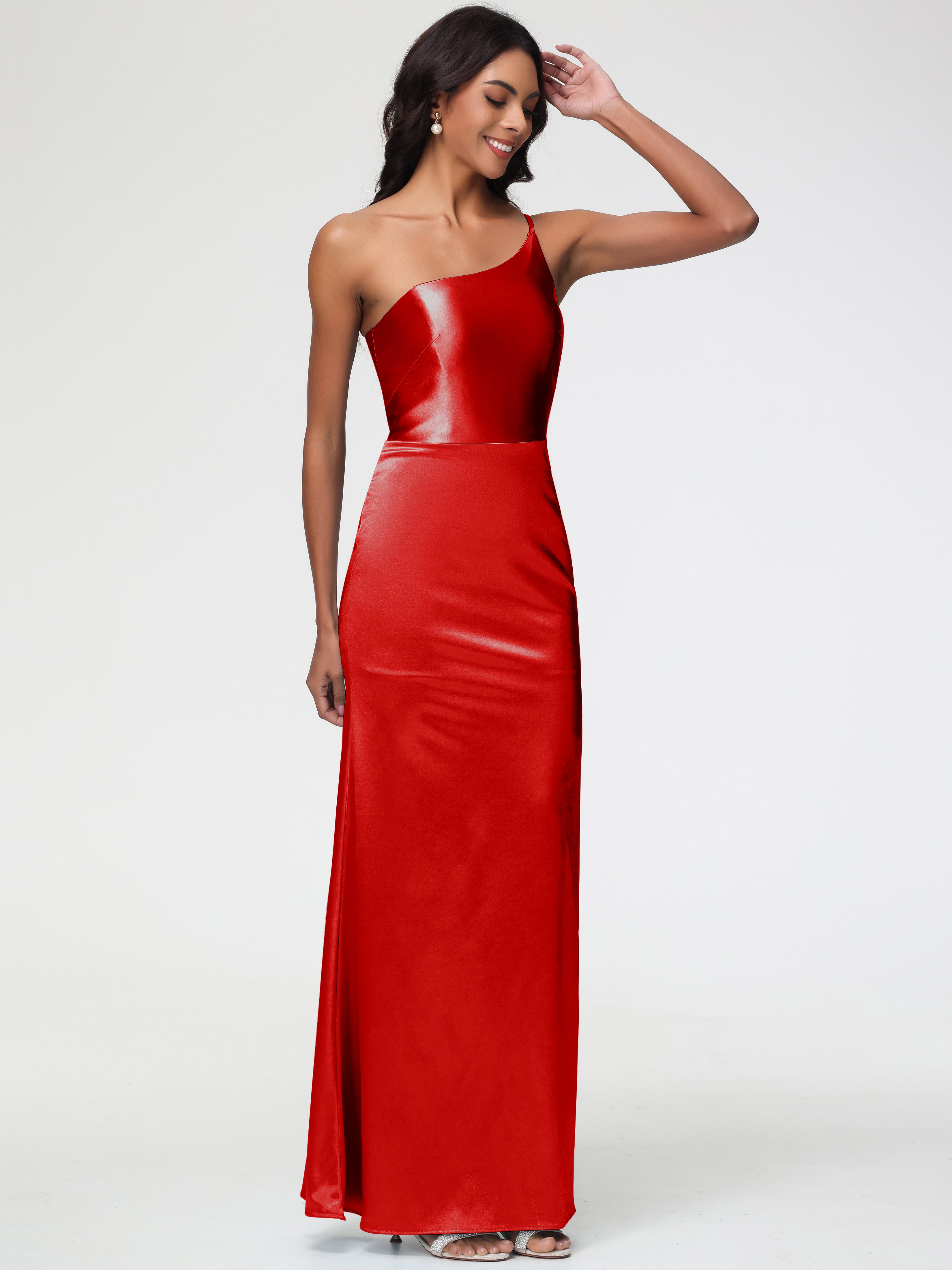 Robe Demoiselles D Honneur Rouge Seule-Épaule Satin Extensible Robe Sirène Demoiselle D Honneur