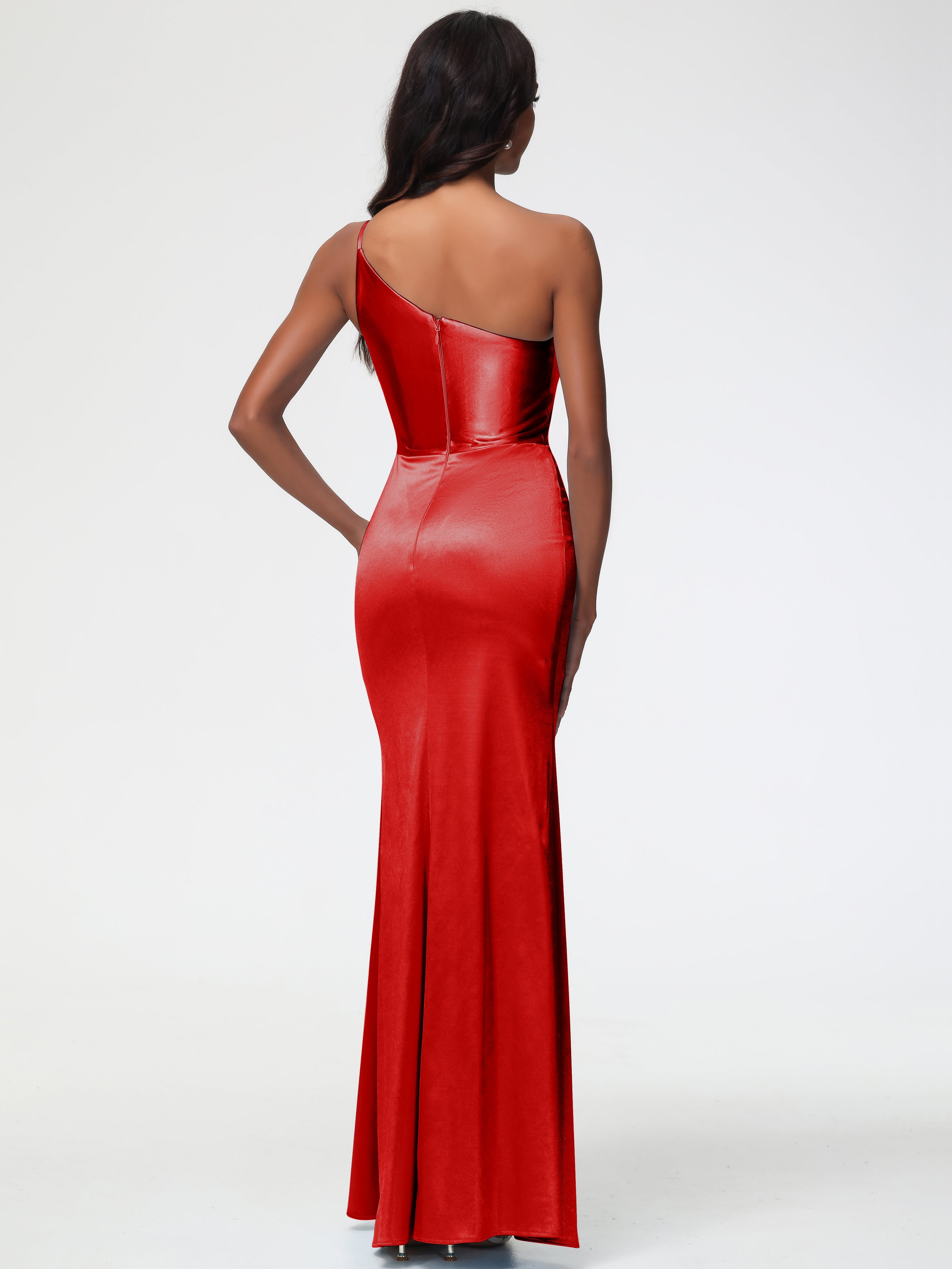 Robe Demoiselles D Honneur Rouge Seule-Épaule Satin Extensible Robe Sirène Demoiselle D Honneur