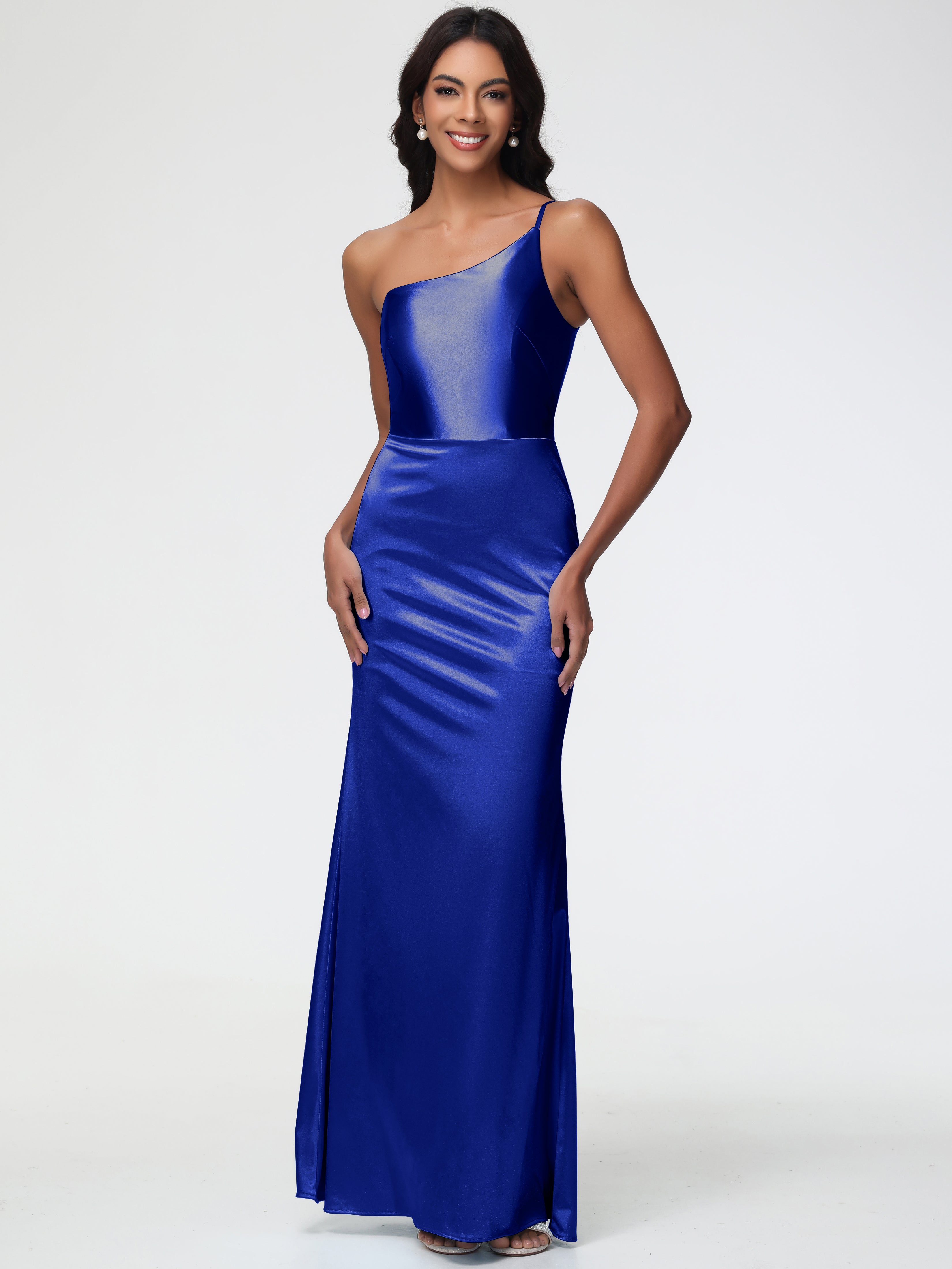 Robe De Demoiselle D Honneur Bleu Royal Seule-Épaule Satin Extensible Robe Sirène Demoiselle D Honneur