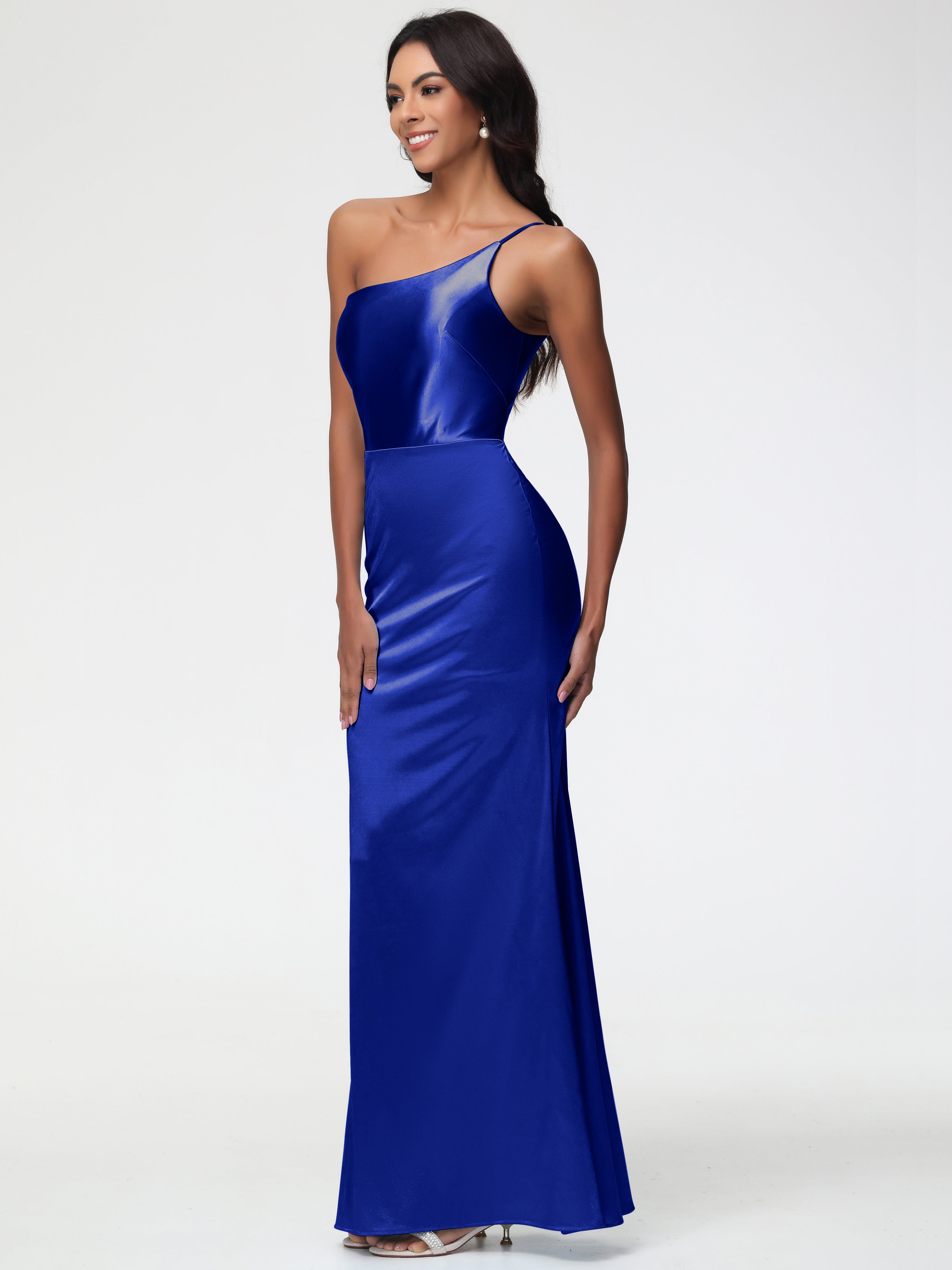 Robe De Demoiselle D Honneur Bleu Royal Seule-Épaule Satin Extensible Robe Sirène Demoiselle D Honneur
