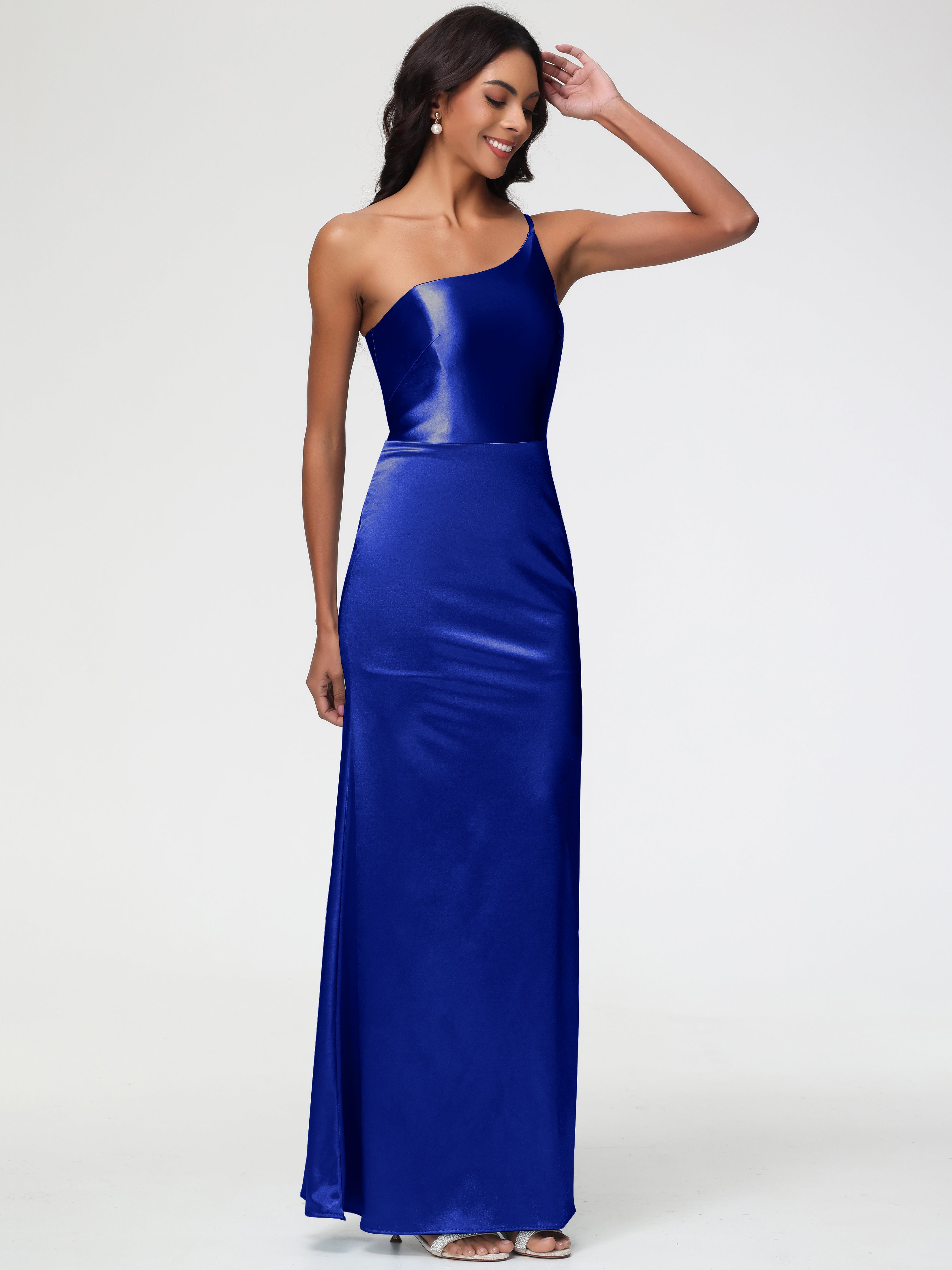 Robe De Demoiselle D Honneur Bleu Royal Seule-Épaule Satin Extensible Robe Sirène Demoiselle D Honneur