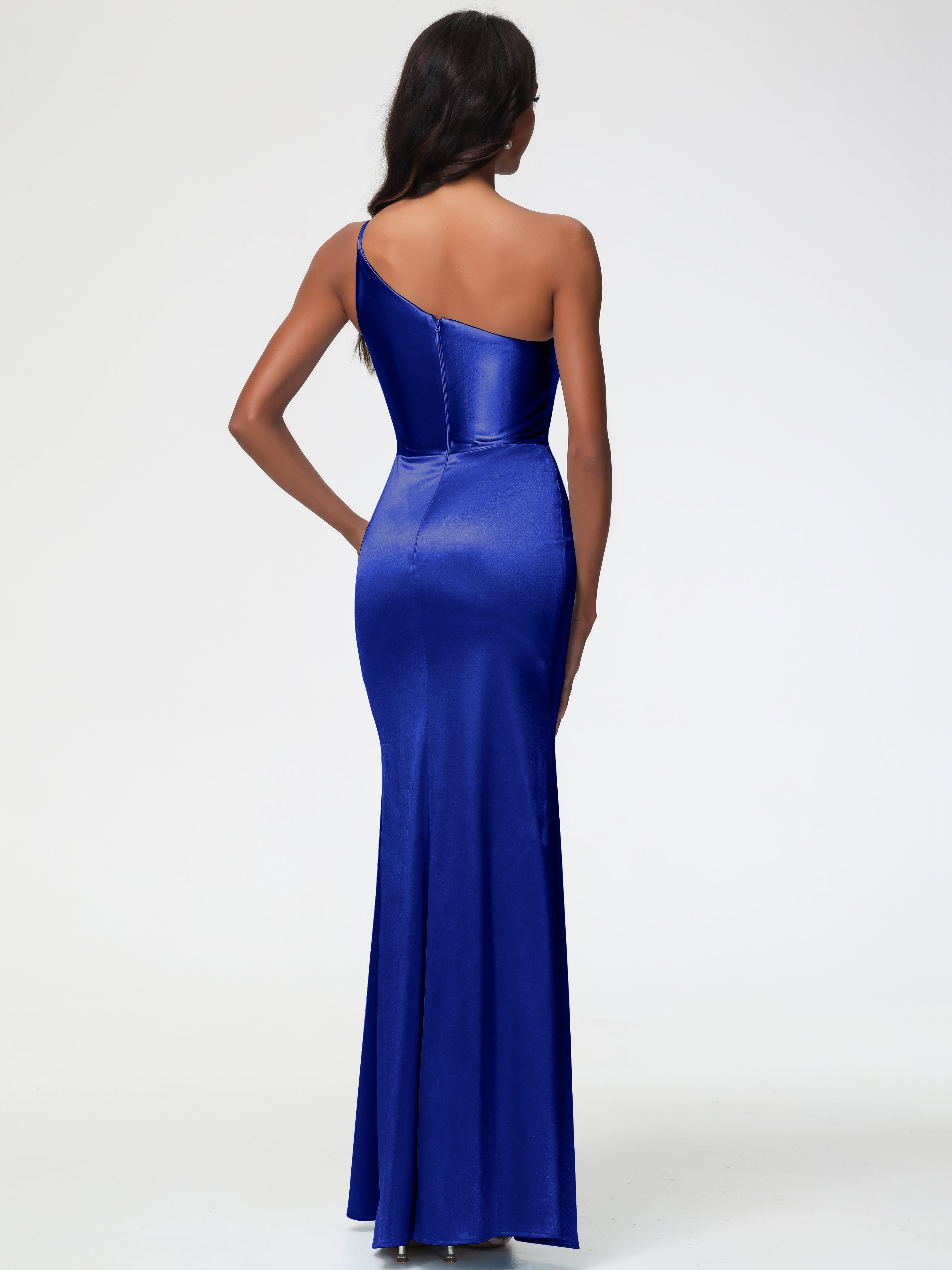 Robe De Demoiselle D Honneur Bleu Royal Seule-Épaule Satin Extensible Robe Sirène Demoiselle D Honneur