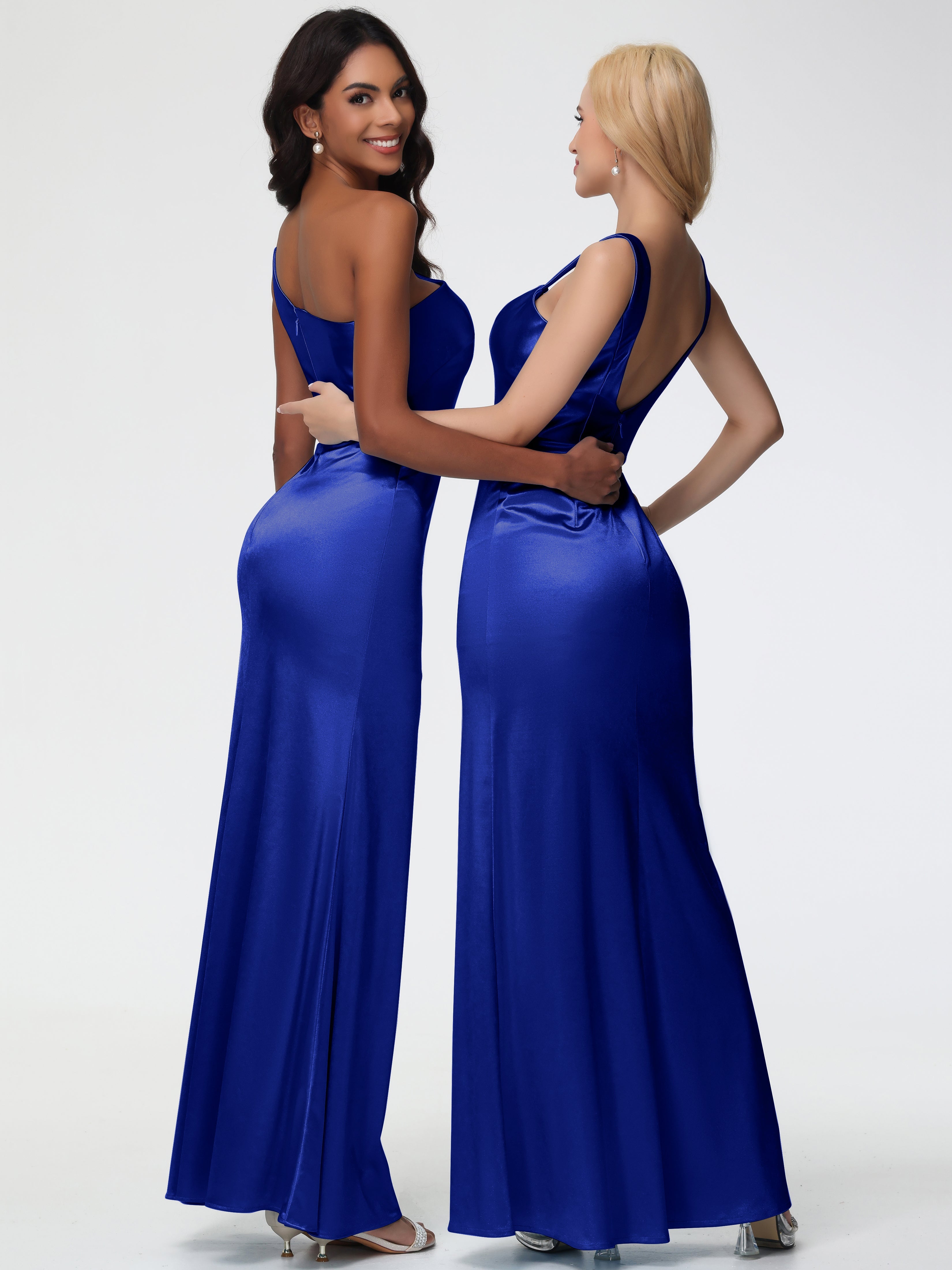 Robe De Demoiselle D Honneur Bleu Royal Seule-Épaule Satin Extensible Robe Sirène Demoiselle D Honneur