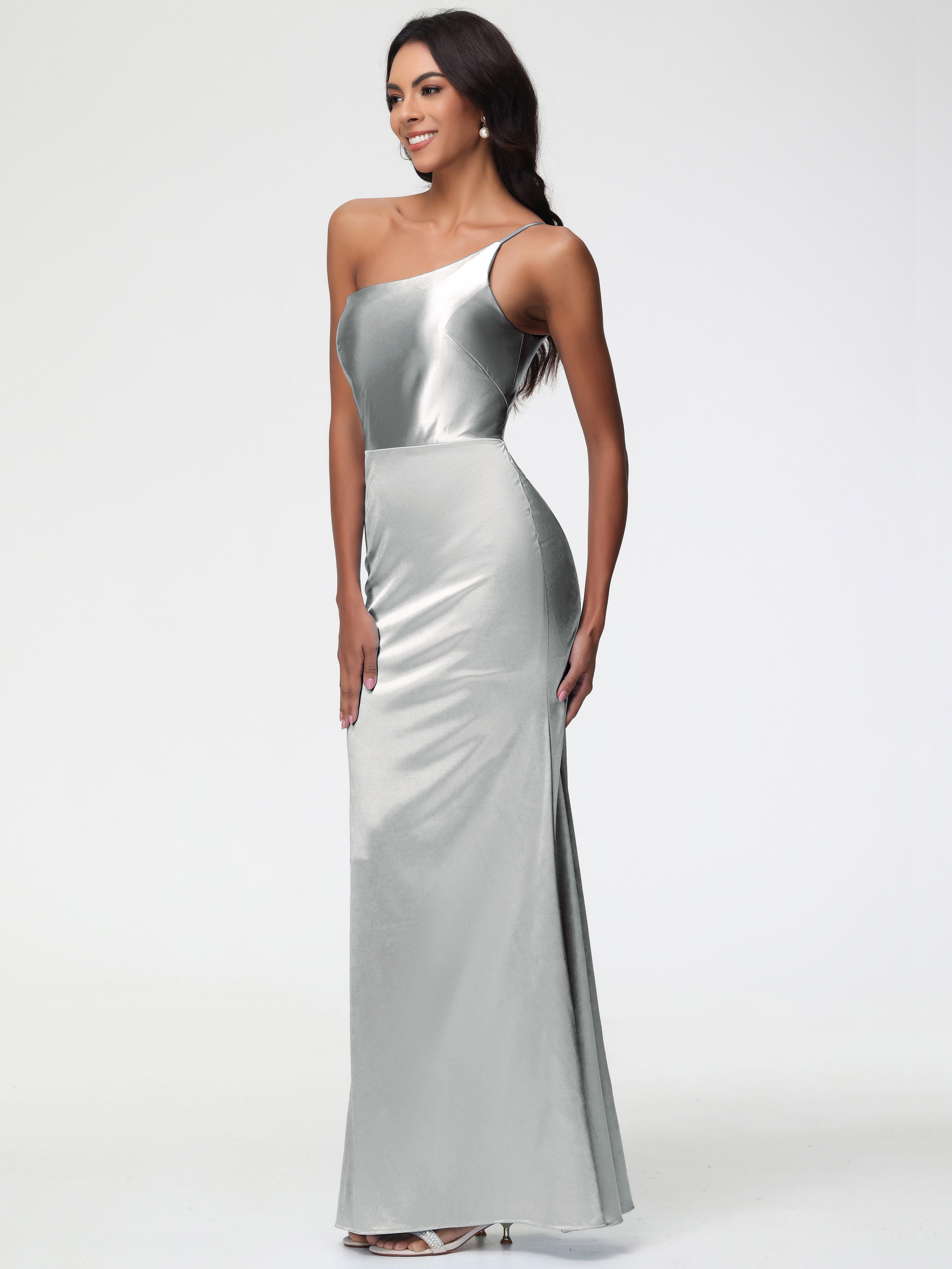 Robe Argentée Demoiselle D Honneur Seule-Épaule Satin Extensible Robe Sirène Demoiselle D Honneur