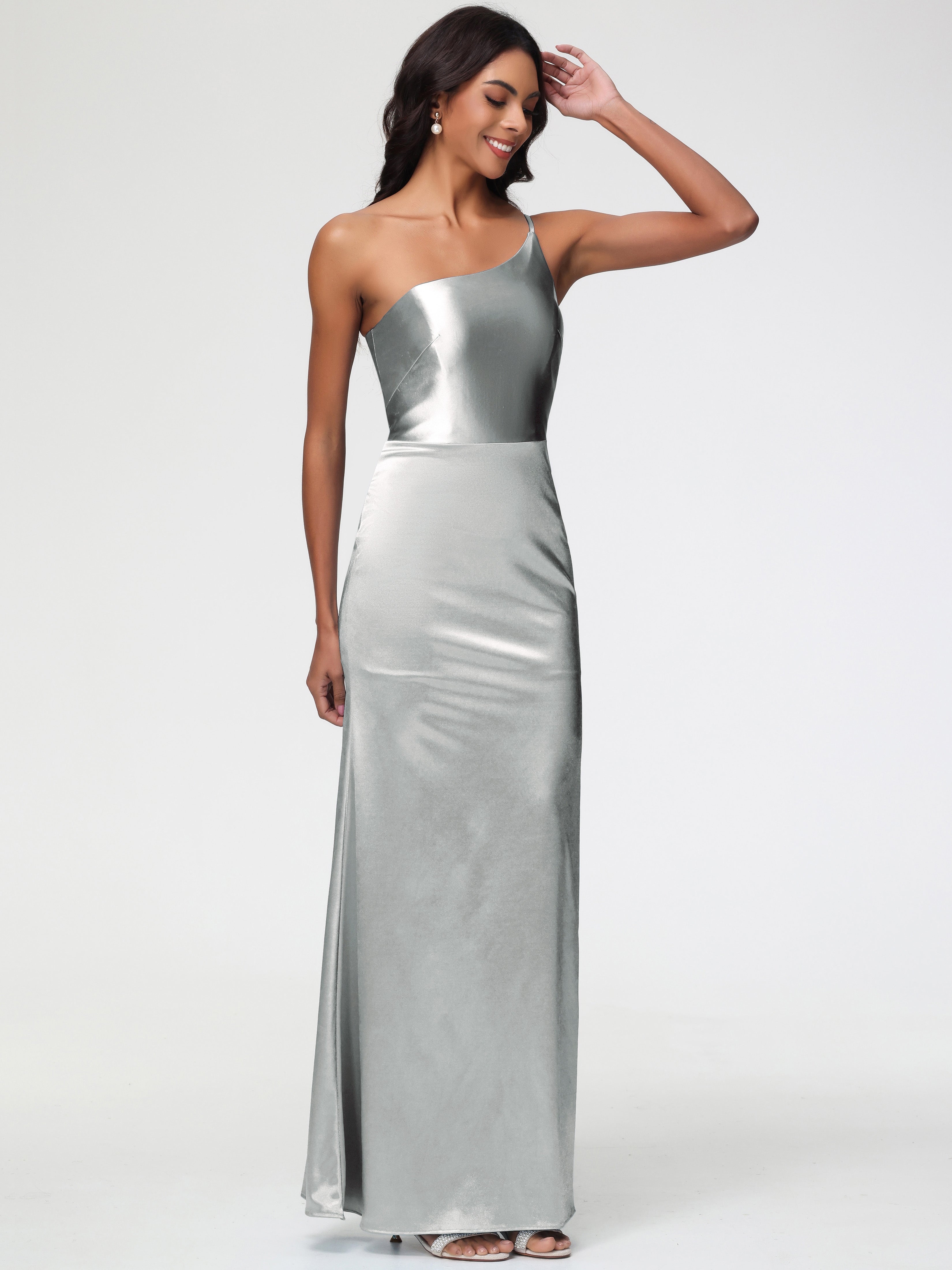 Robe Argentée Demoiselle D Honneur Seule-Épaule Satin Extensible Robe Sirène Demoiselle D Honneur