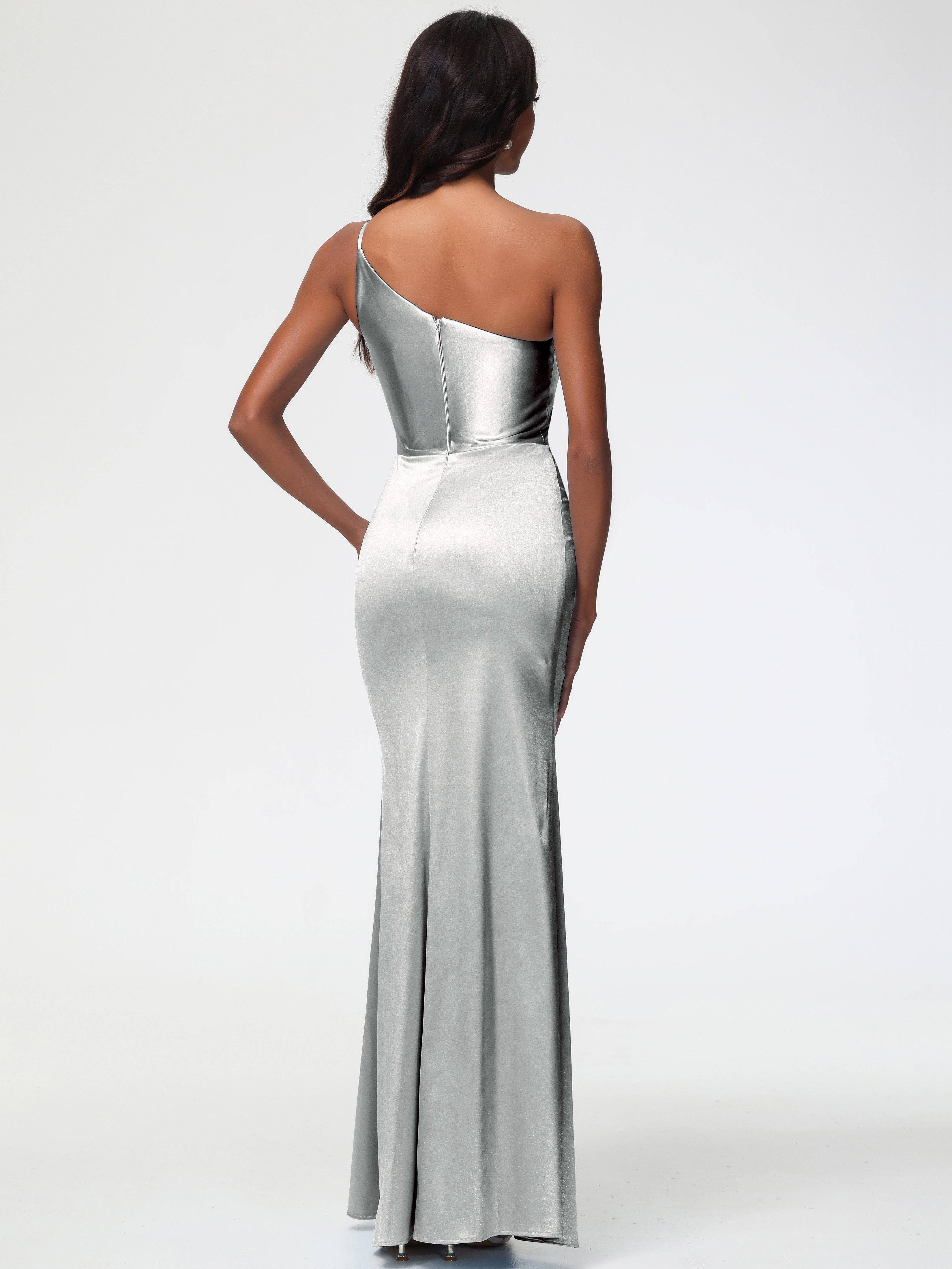 Robe Argentée Demoiselle D Honneur Seule-Épaule Satin Extensible Robe Sirène Demoiselle D Honneur