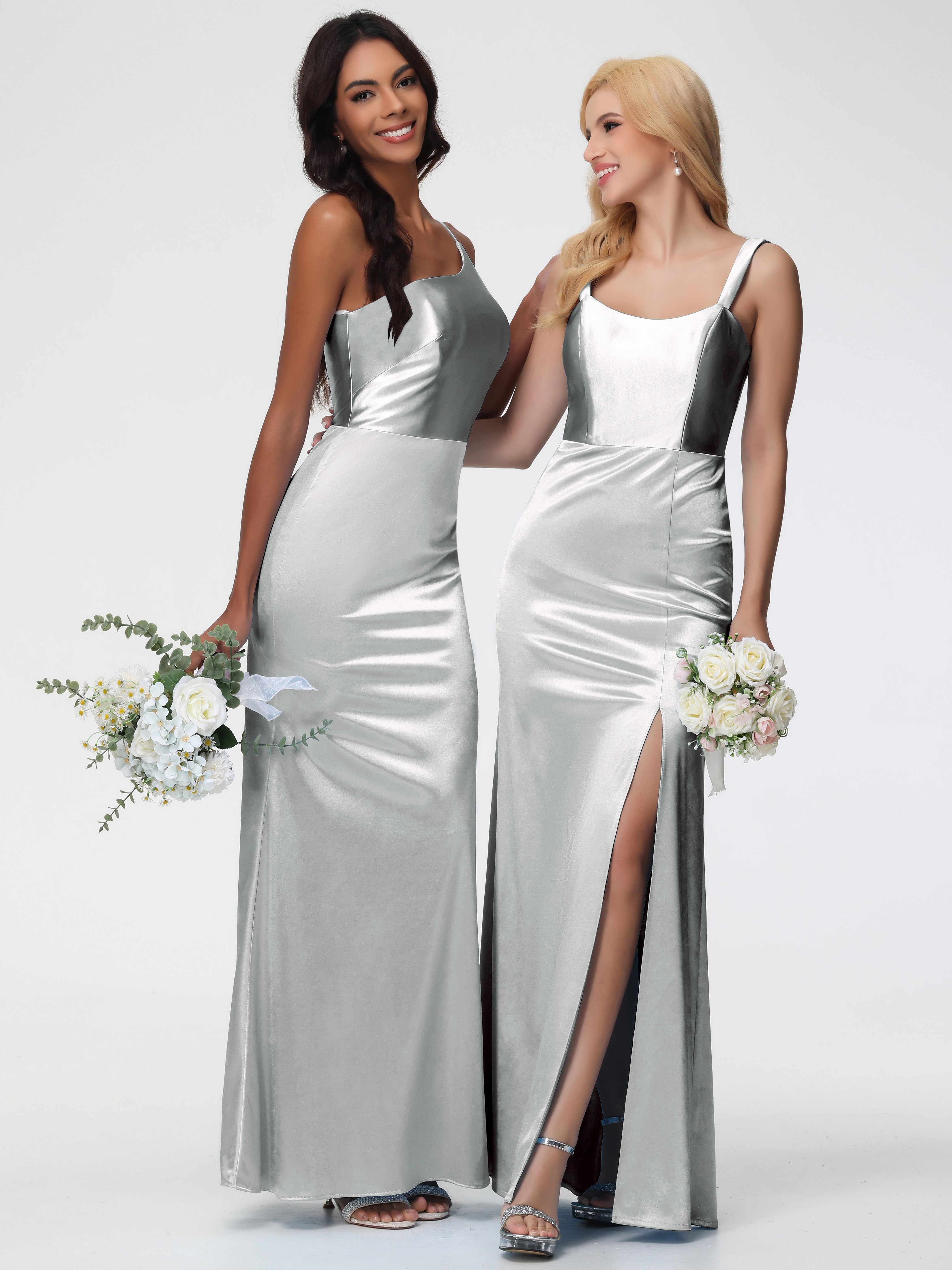 Robe Argentée Demoiselle D Honneur Seule-Épaule Satin Extensible Robe Sirène Demoiselle D Honneur