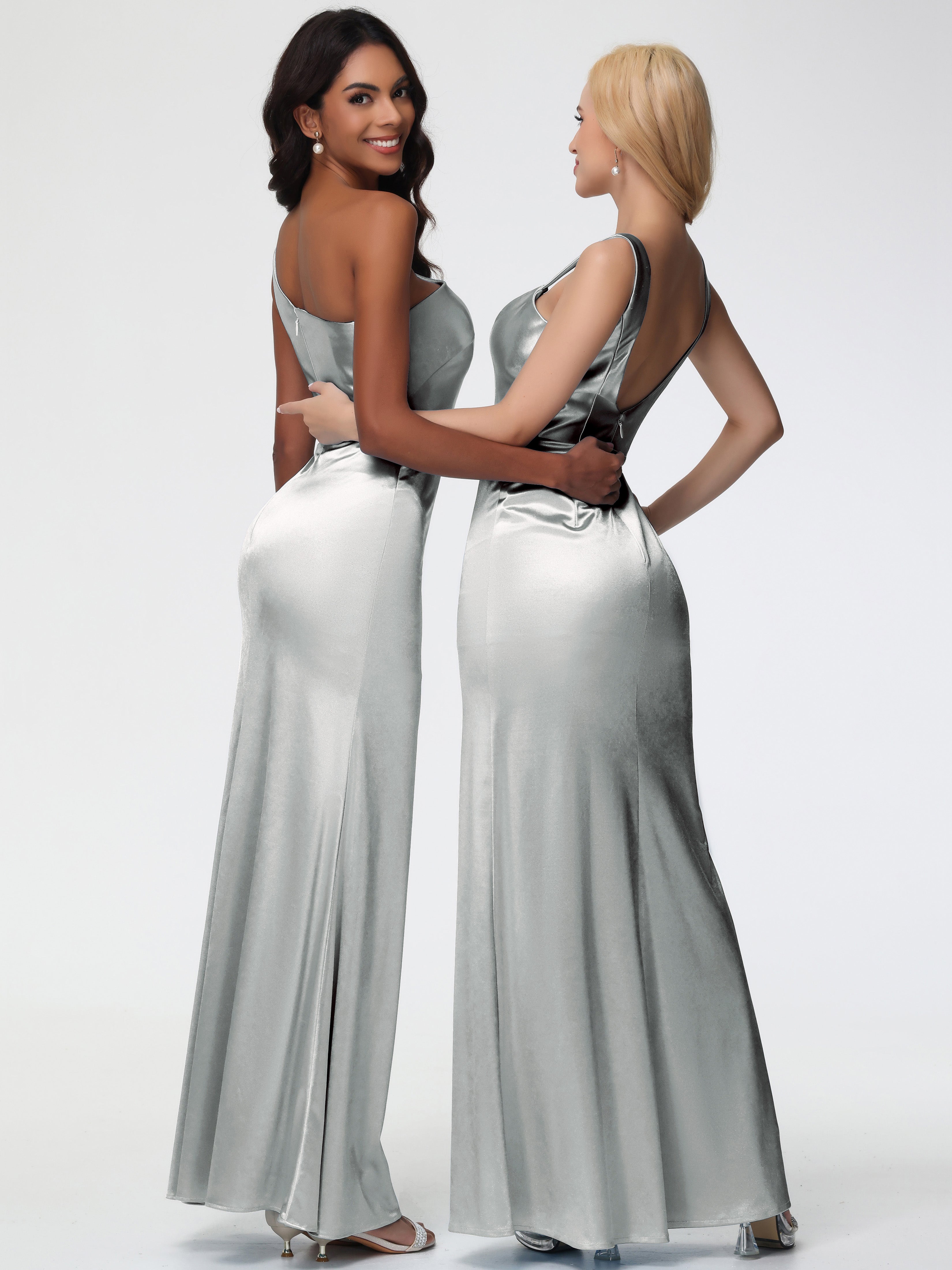 Robe Argentée Demoiselle D Honneur Seule-Épaule Satin Extensible Robe Sirène Demoiselle D Honneur