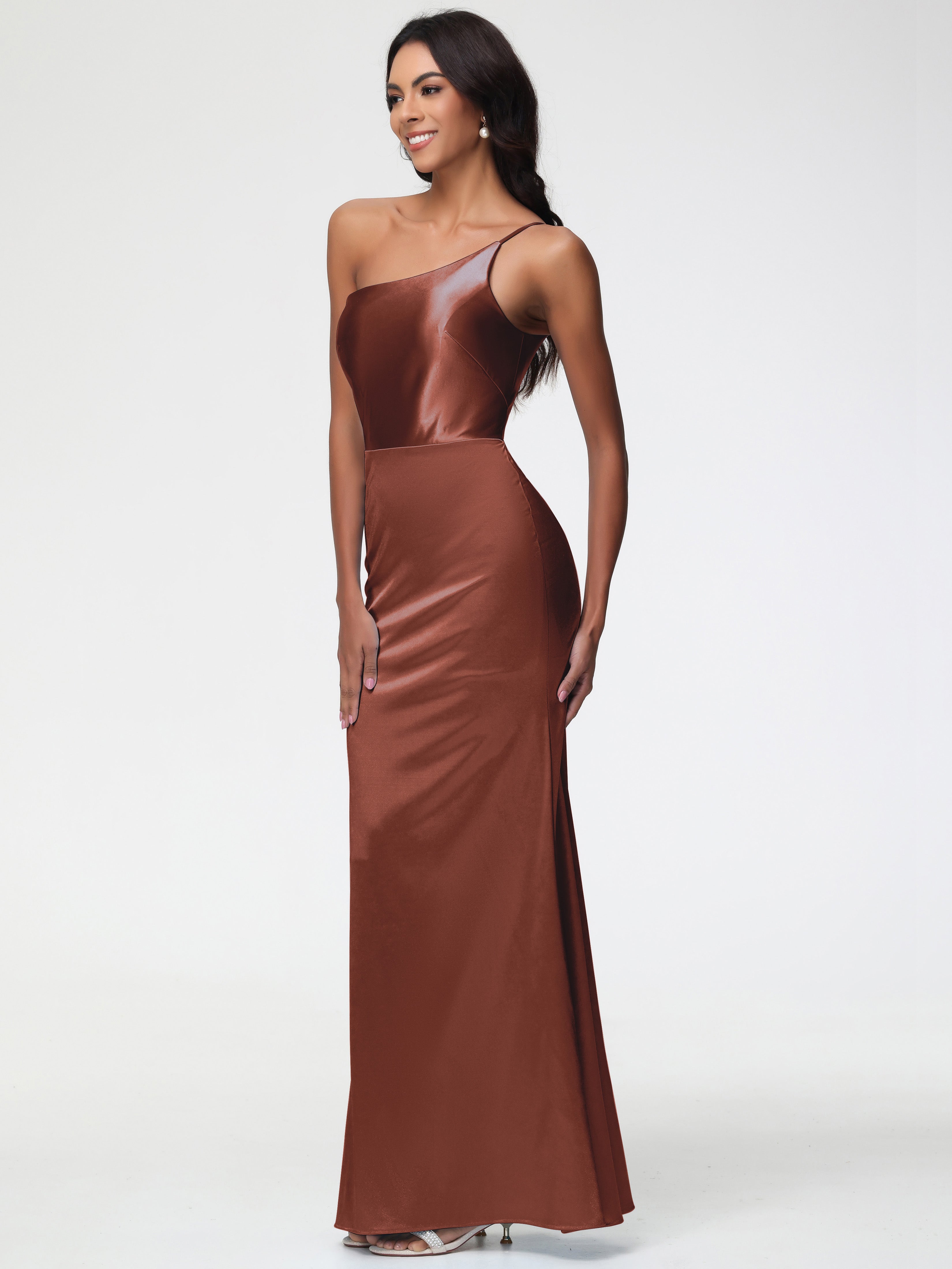 Robe Demoiselle Terracotta Seule-Épaule Satin Extensible Robe Sirène Demoiselle D Honneur