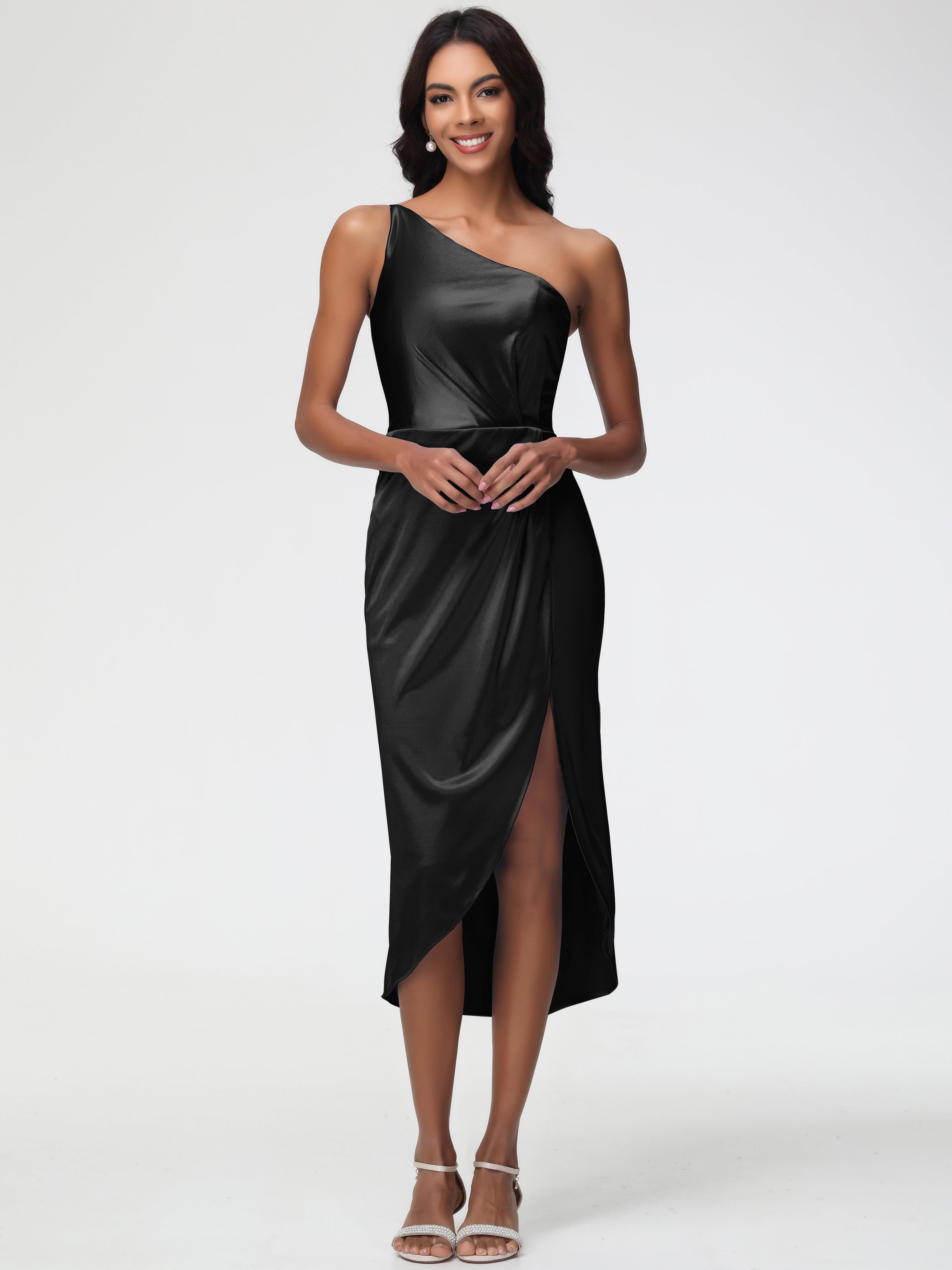Robes De Demoiselle D'Honneur Noires Seule-Épaule Mi-Longue Fendue Satin Extensible Robe De Demoiselle D'Honneur