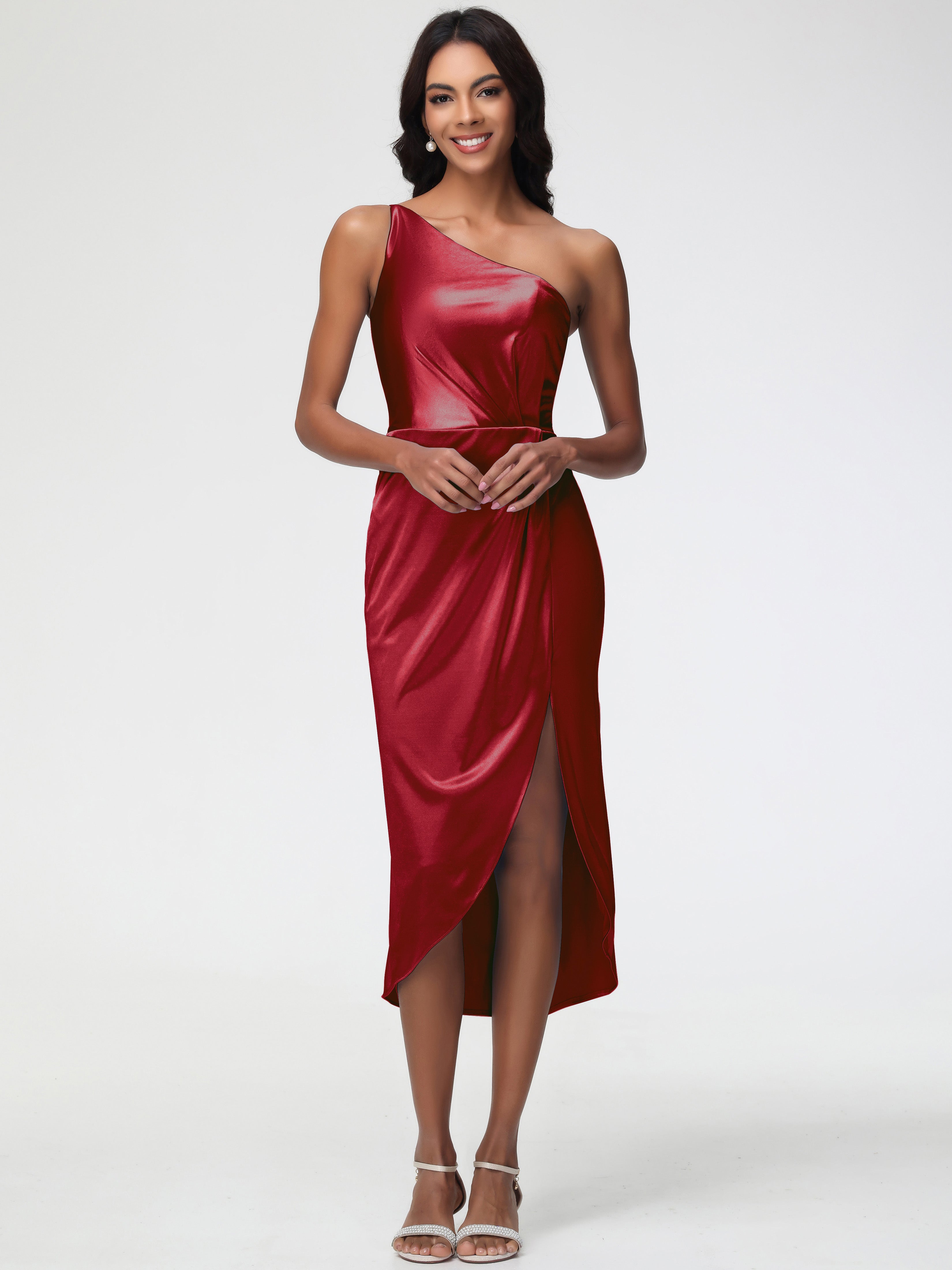 Demoiselle D Honneur Robe Bordeaux Seule-Épaule Mi-Longue Fendue Satin Extensible Robe De Demoiselle D'Honneur