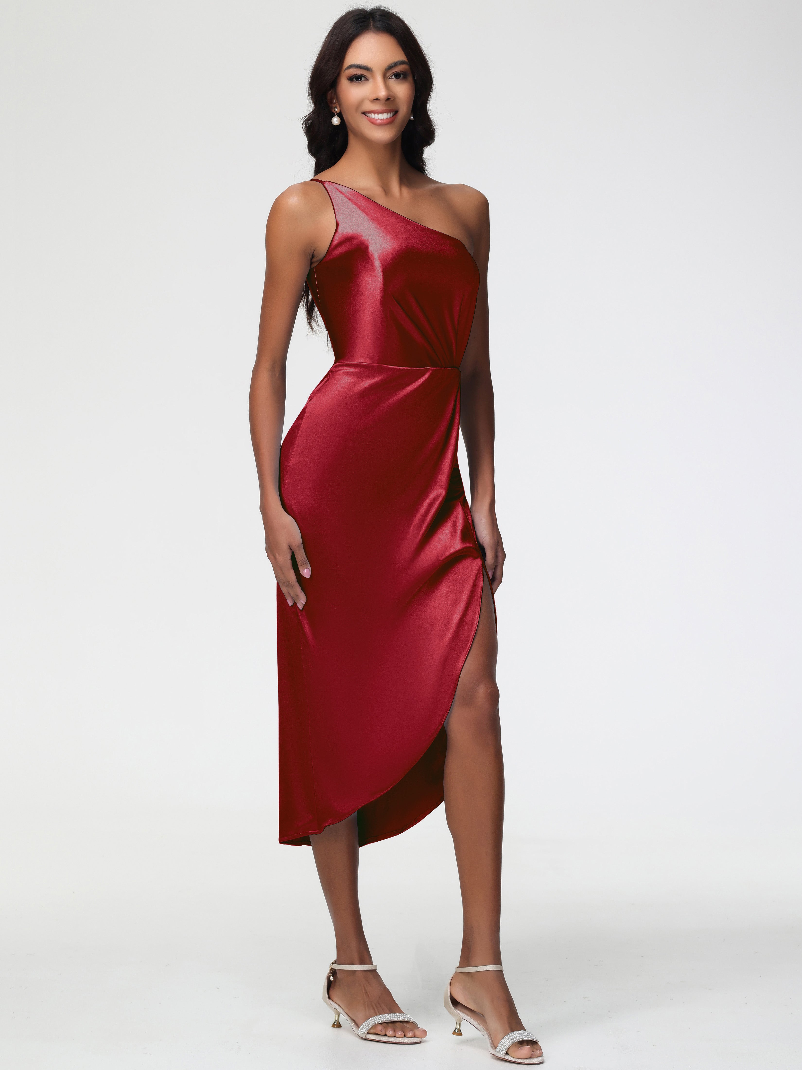 Demoiselle D Honneur Robe Bordeaux Seule-Épaule Mi-Longue Fendue Satin Extensible Robe De Demoiselle D'Honneur
