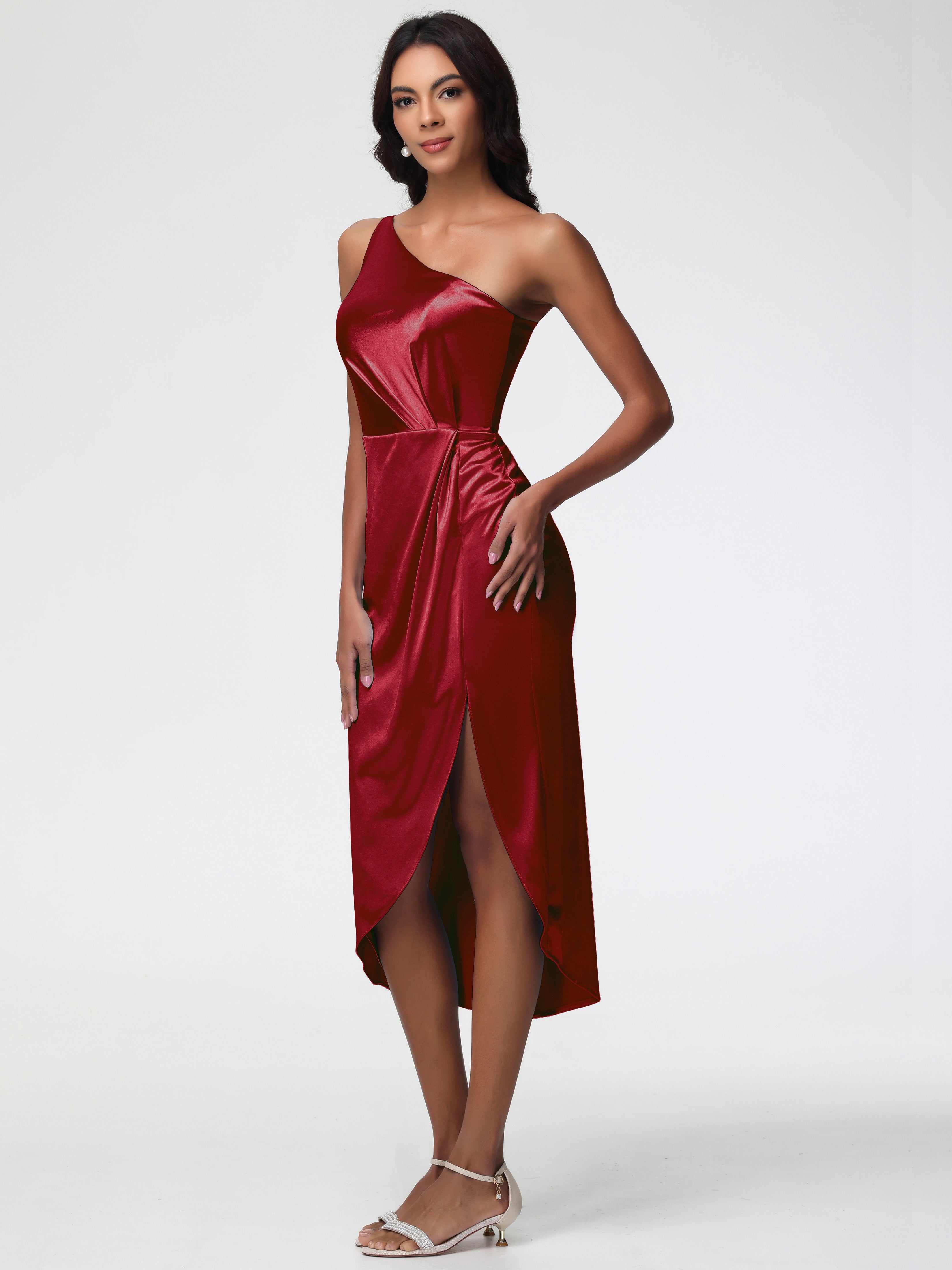 Demoiselle D Honneur Robe Bordeaux Seule-Épaule Mi-Longue Fendue Satin Extensible Robe De Demoiselle D'Honneur