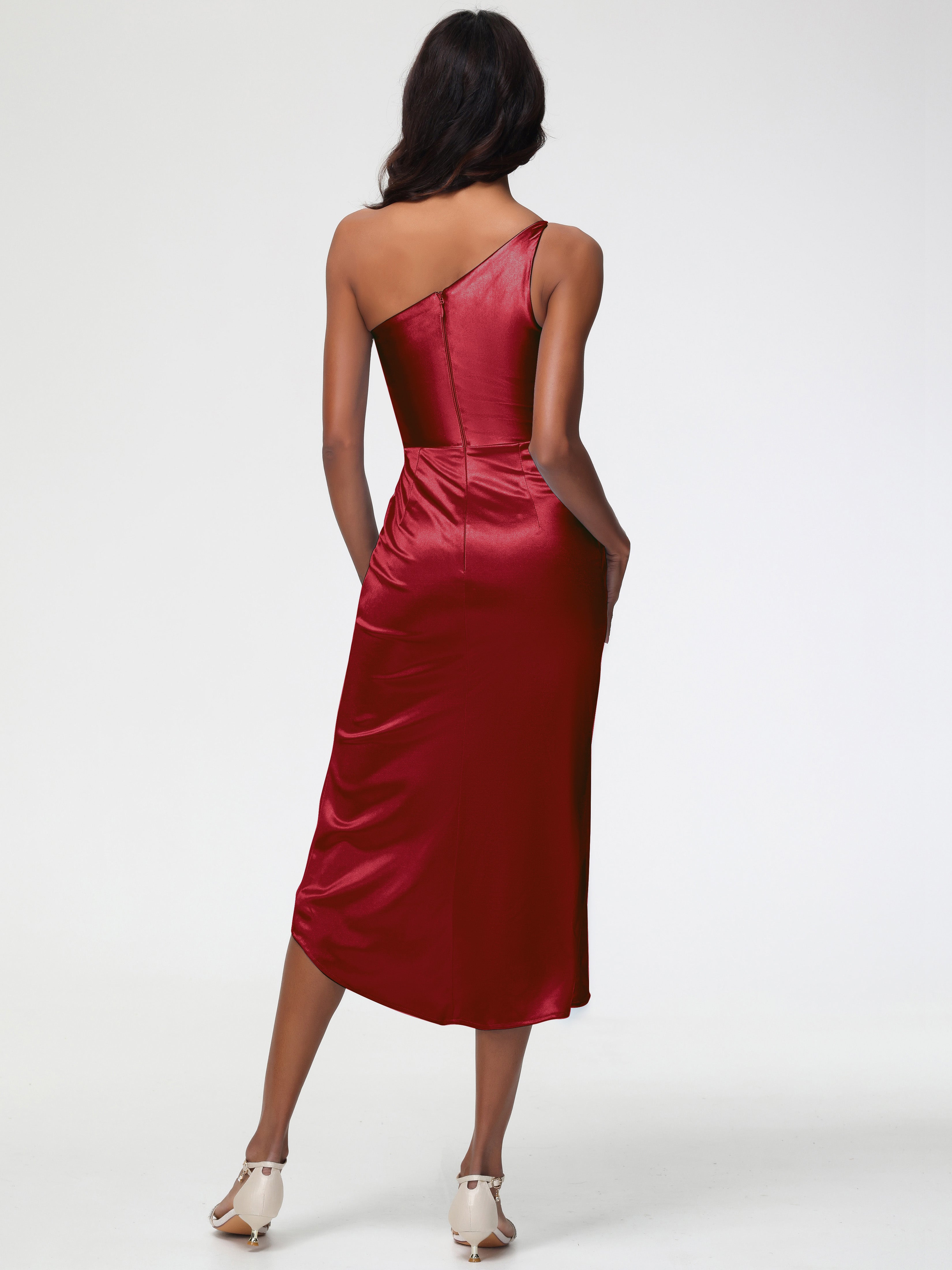 Demoiselle D Honneur Robe Bordeaux Seule-Épaule Mi-Longue Fendue Satin Extensible Robe De Demoiselle D'Honneur