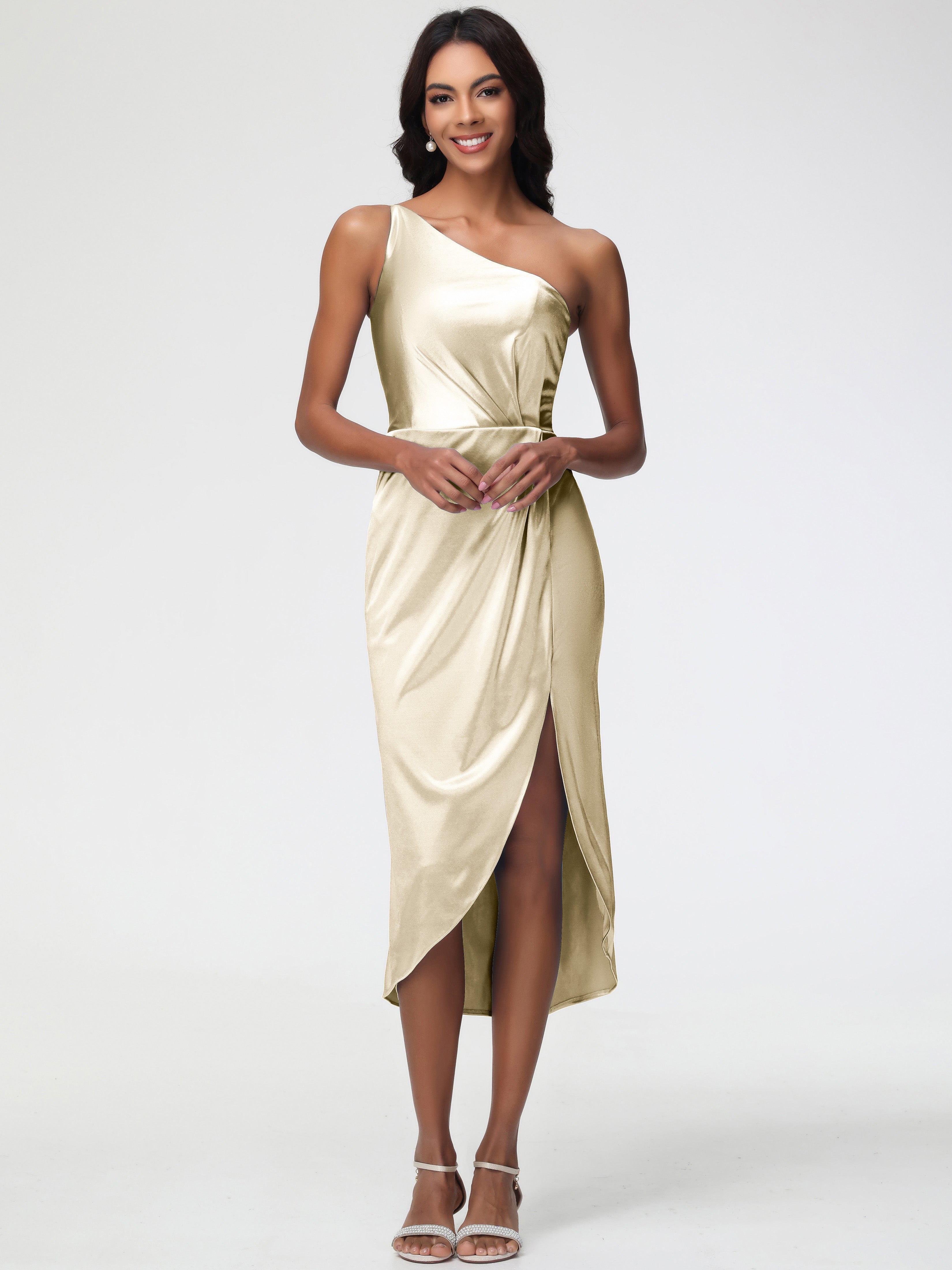 Robe Champagne Demoiselle D Honneur Seule-Épaule Mi-Longue Fendue Satin Extensible Robe De Demoiselle D'Honneur