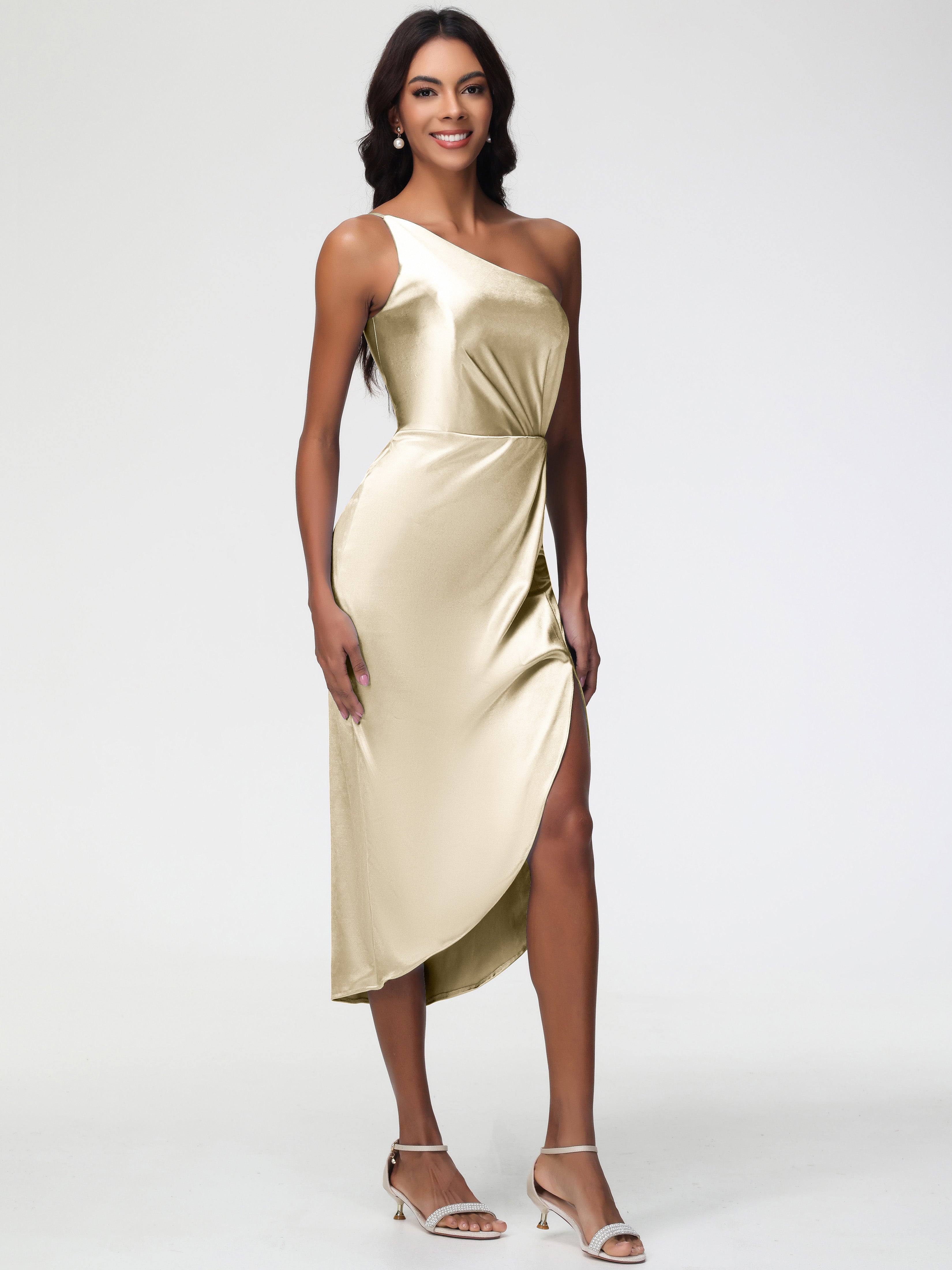 Robe Champagne Demoiselle D Honneur Seule-Épaule Mi-Longue Fendue Satin Extensible Robe De Demoiselle D'Honneur