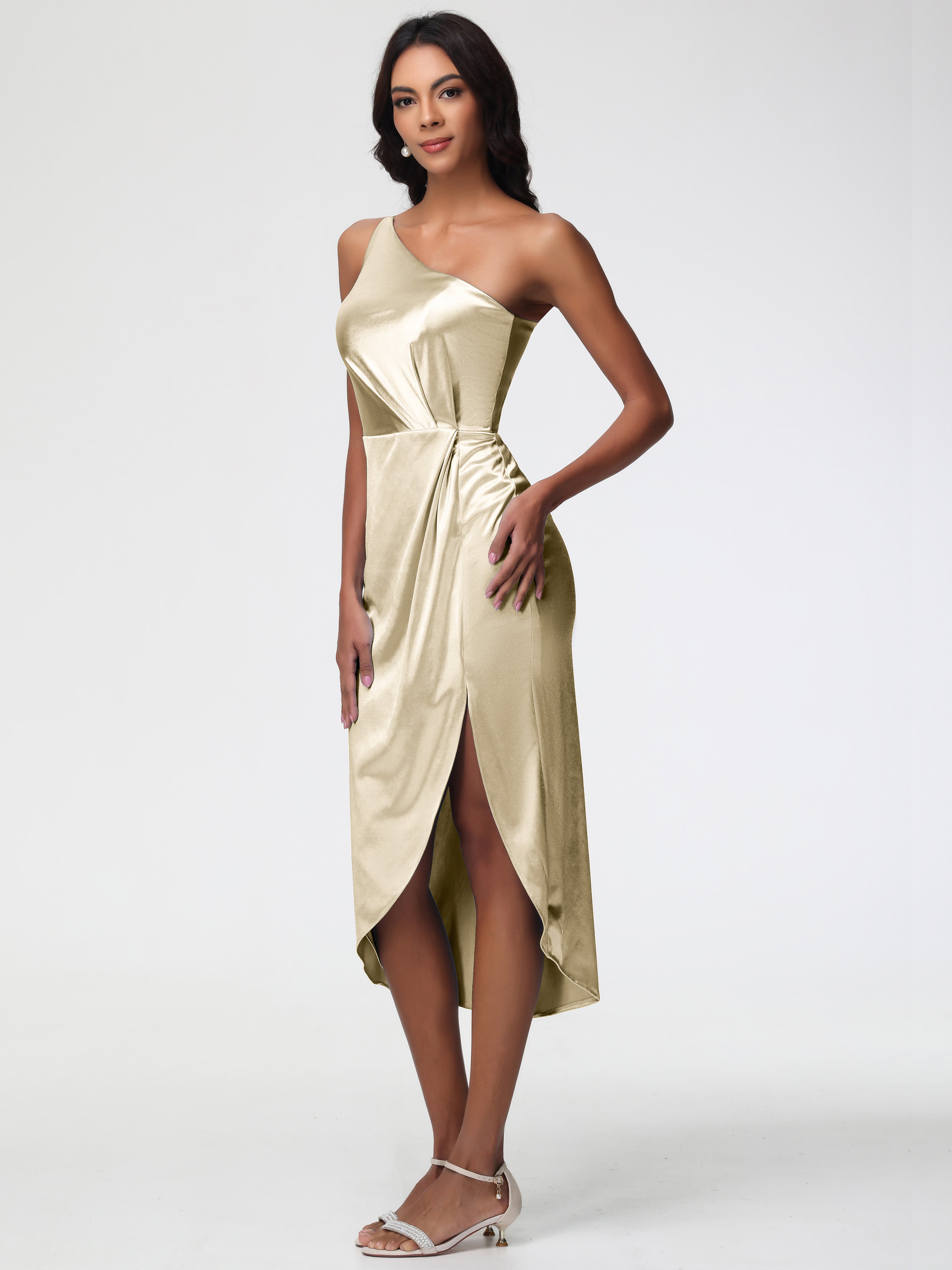 Robe Champagne Demoiselle D Honneur Seule-Épaule Mi-Longue Fendue Satin Extensible Robe De Demoiselle D'Honneur