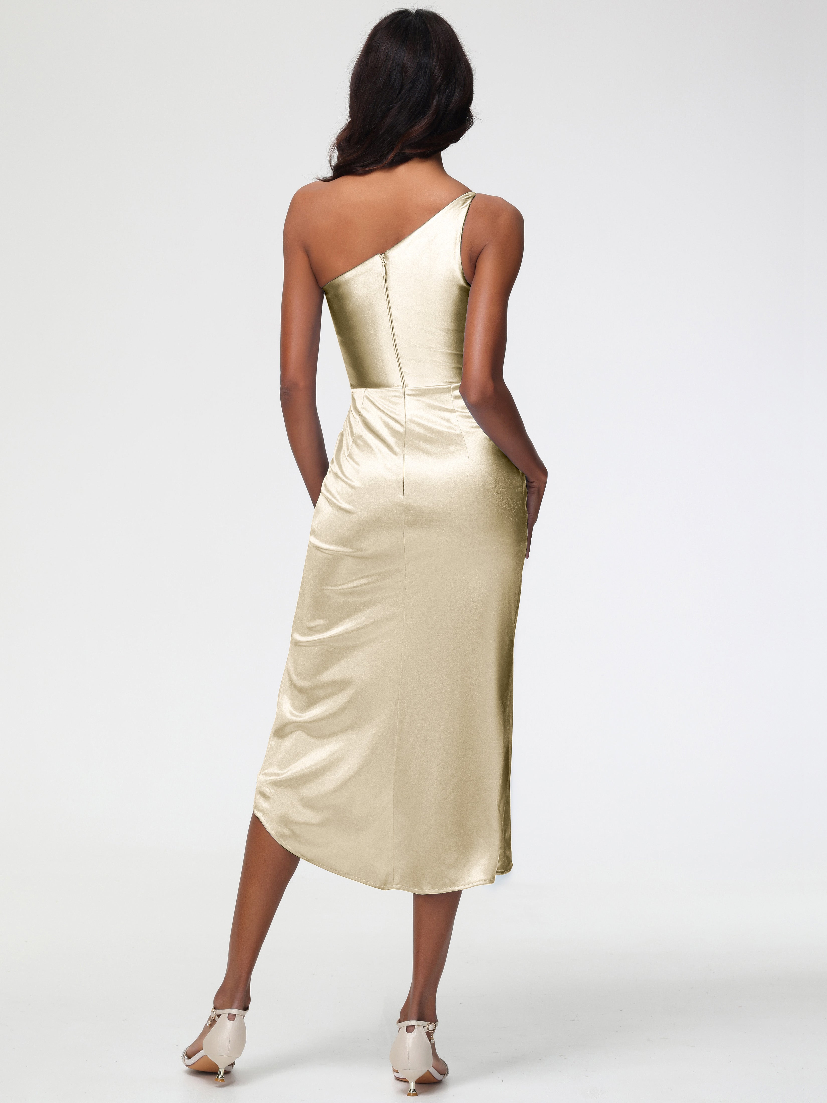Robe Champagne Demoiselle D Honneur Seule-Épaule Mi-Longue Fendue Satin Extensible Robe De Demoiselle D'Honneur