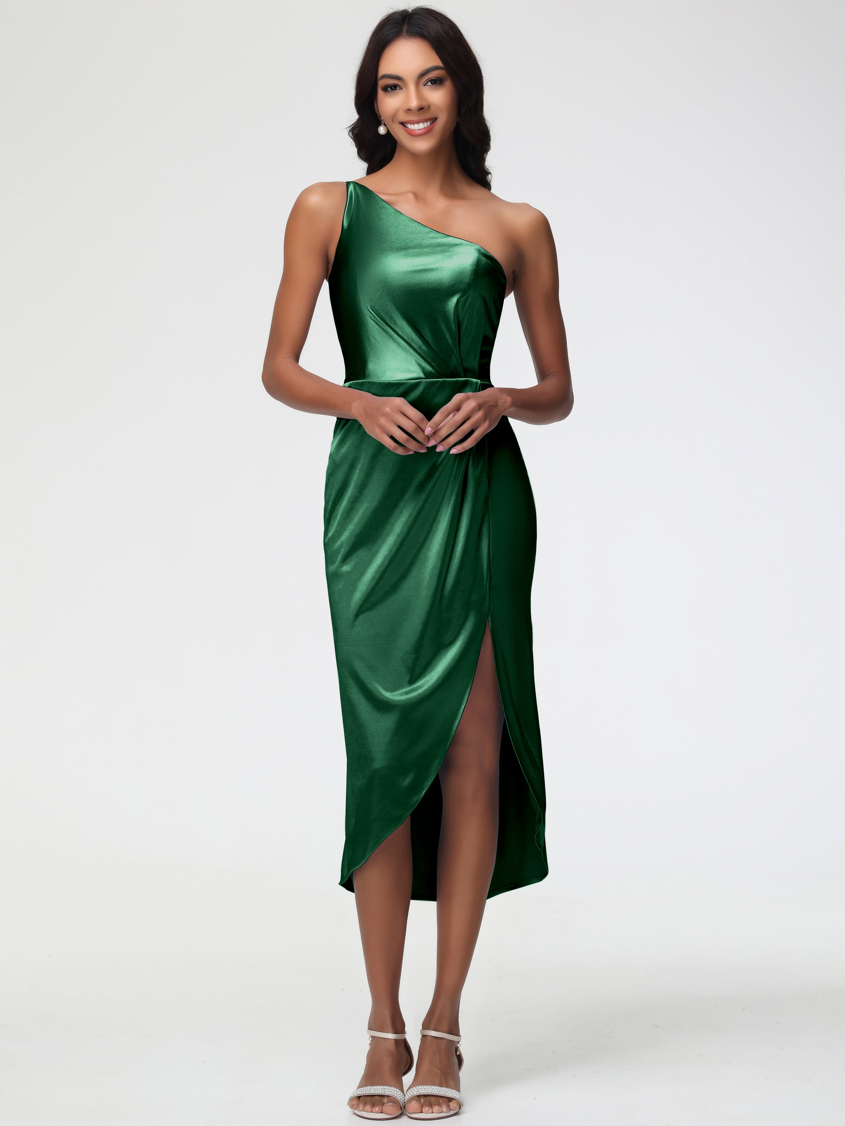 Robes De Demoiselle D'Honneur Vert Foncé Seule-Épaule Mi-Longue Fendue Satin Extensible Robe De Demoiselle D'Honneur