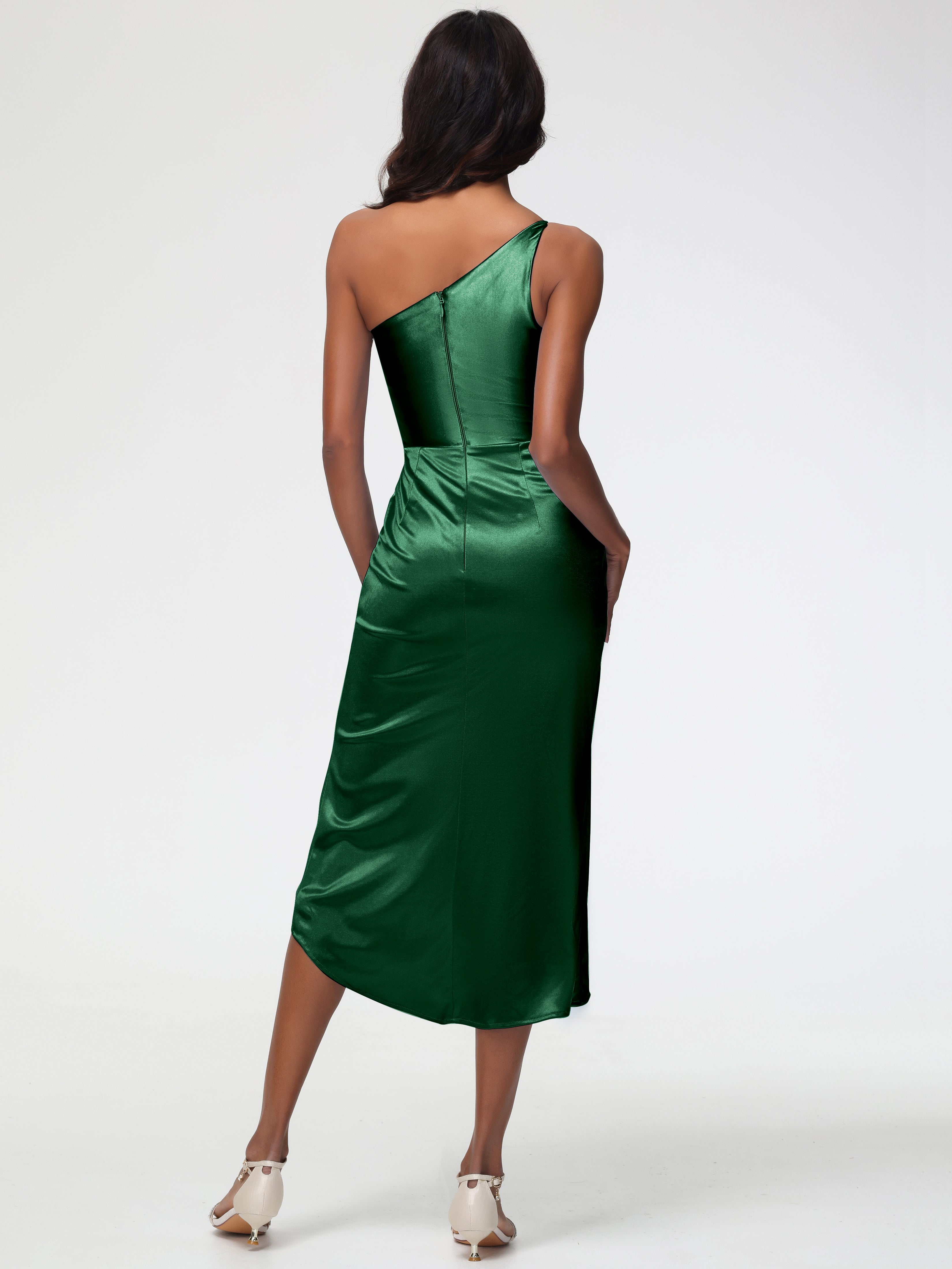 Robes De Demoiselle D'Honneur Vert Foncé Seule-Épaule Mi-Longue Fendue Satin Extensible Robe De Demoiselle D'Honneur
