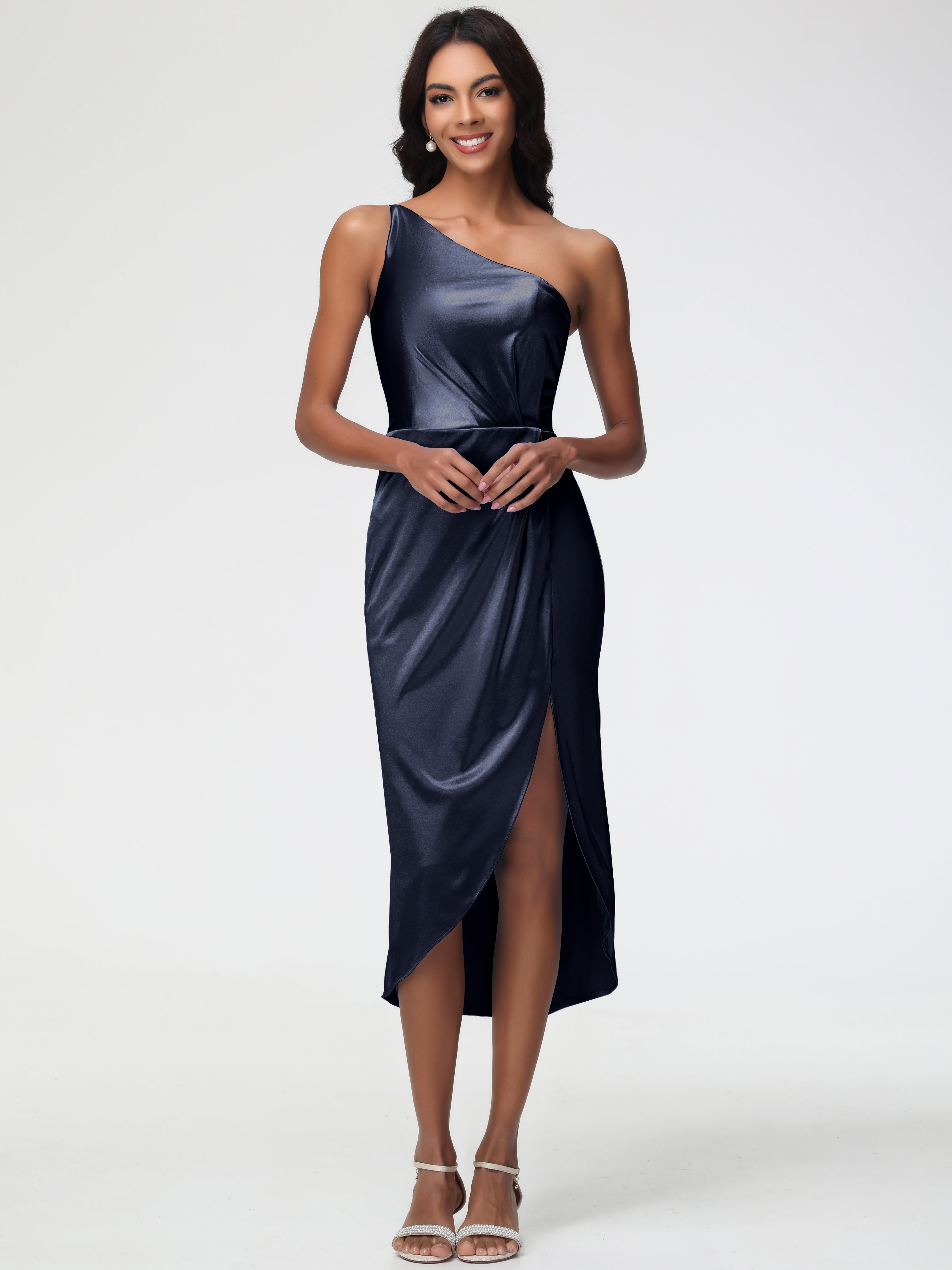 Robe Bleu Marine Demoiselle D Honneur Seule-Épaule Mi-Longue Fendue Satin Extensible Robe De Demoiselle D'Honneur
