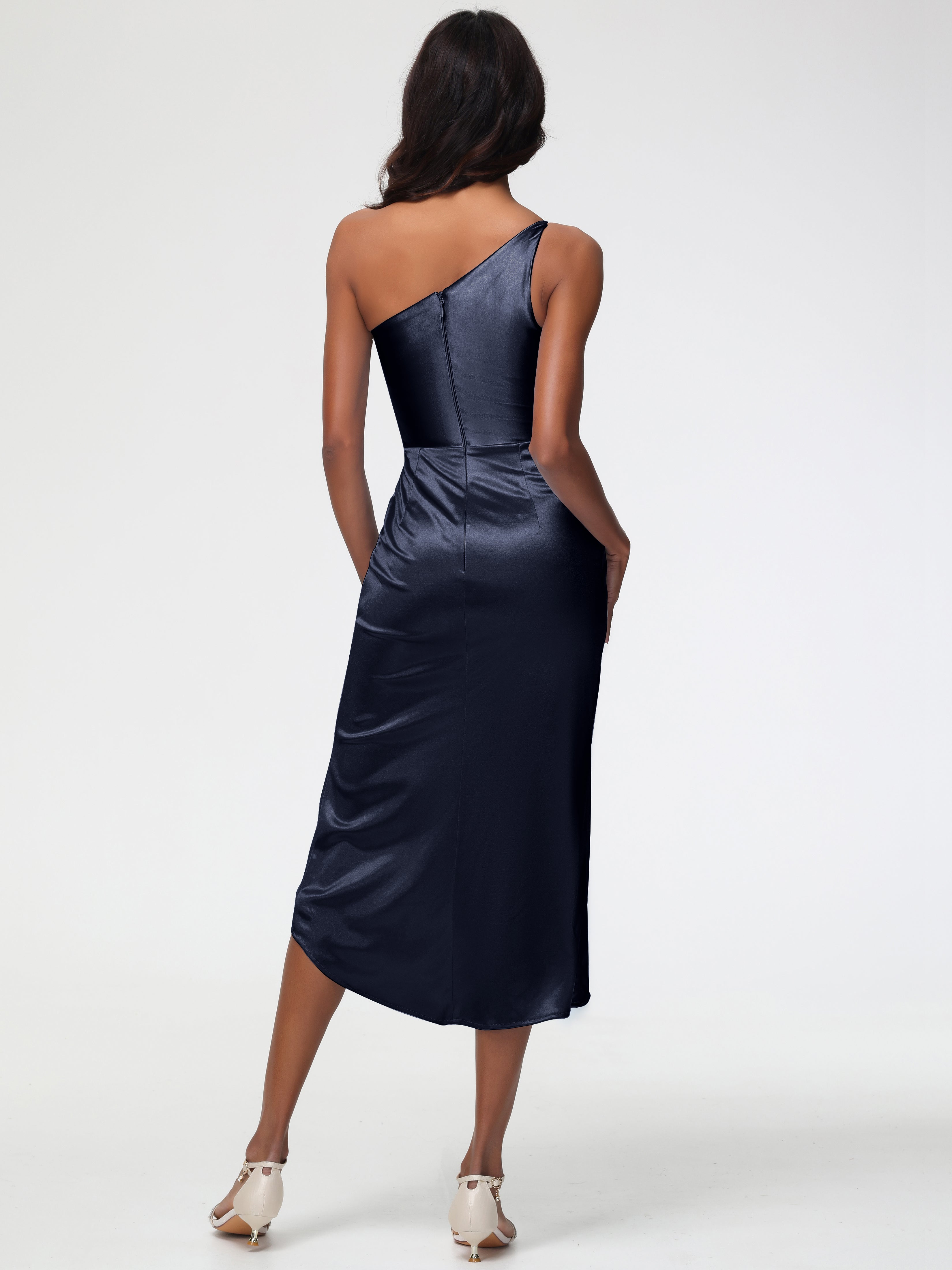 Robe Bleu Marine Demoiselle D Honneur Seule-Épaule Mi-Longue Fendue Satin Extensible Robe De Demoiselle D'Honneur
