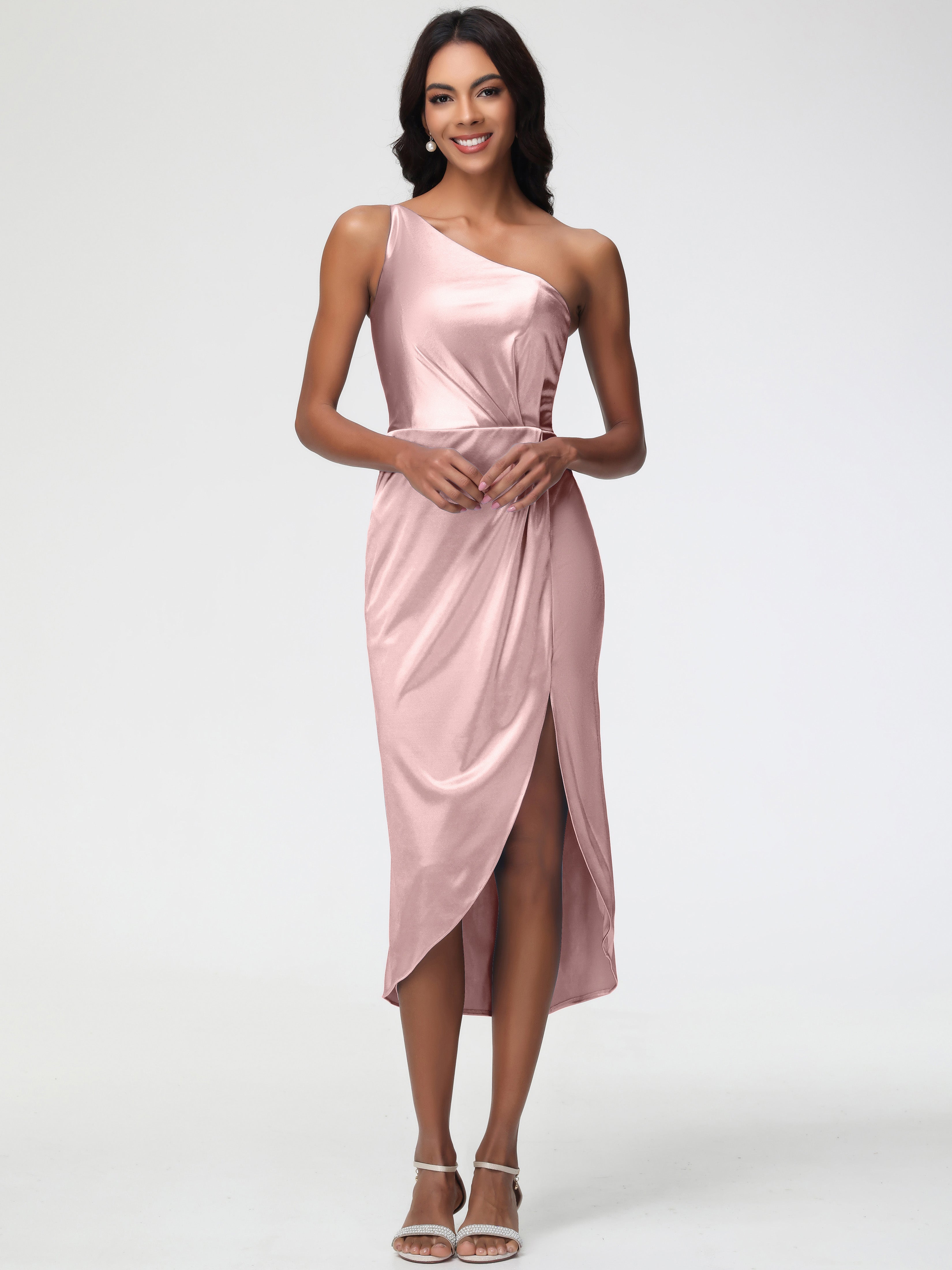 Demoiselle Temoin Robe Rose Poudré Mariage Seule-Épaule Mi-Longue Fendue Satin Extensible Robe De Demoiselle D'Honneur